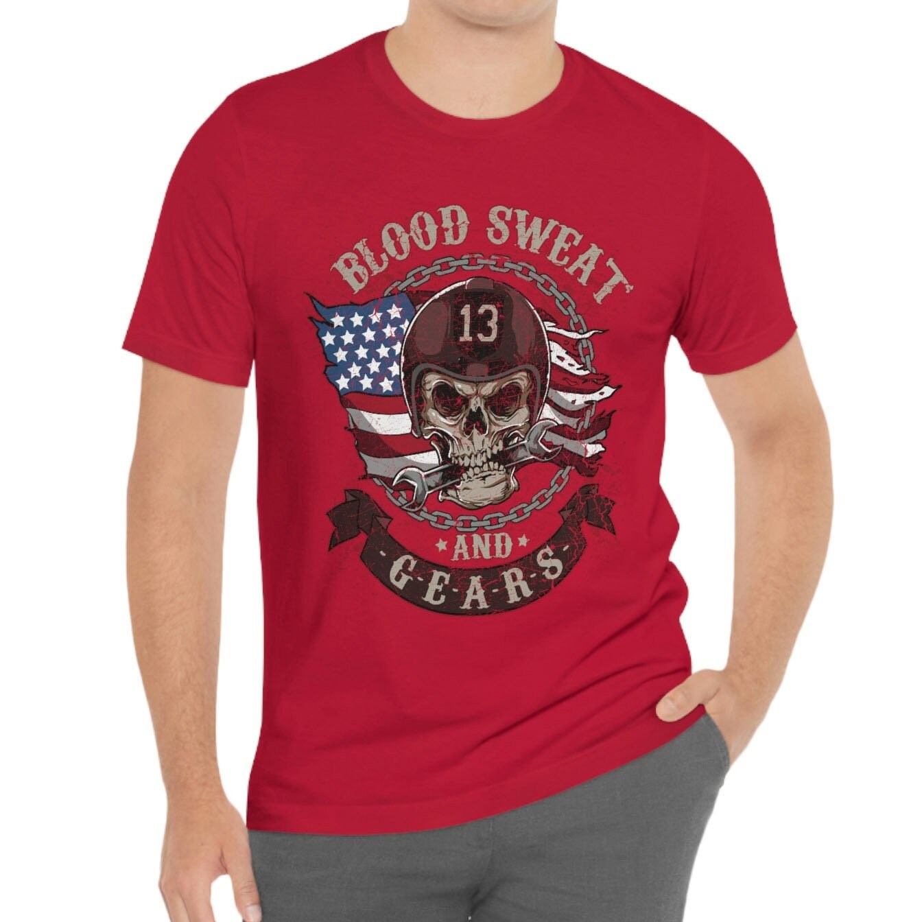 T-shirt Blood Sweat and Gear, T-shirt Skull, T-shirt moto, T-shirt motard, T-shirt pilote, cadeaux moto, cadeau pour lui