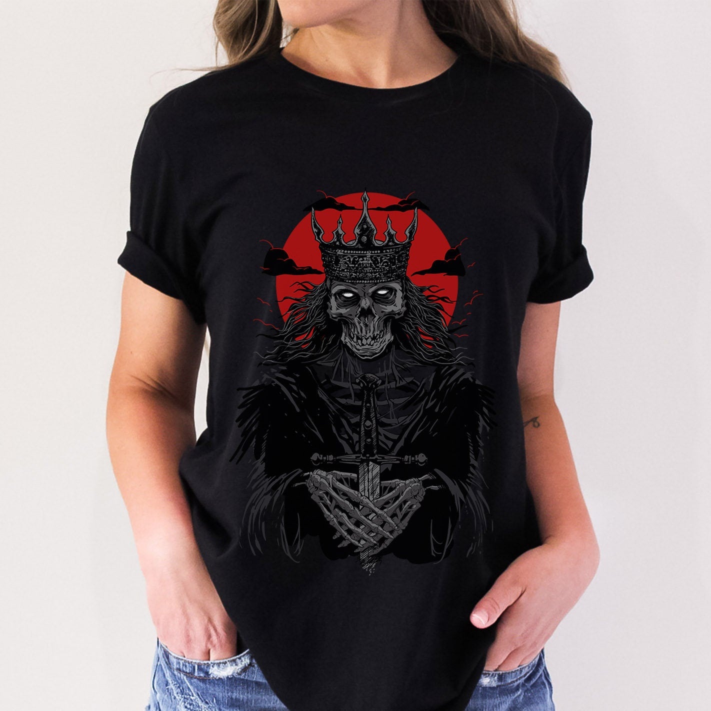 T-shirt Roi Squelette, T-shirt Horreur, T-shirt Fantaisie, T-shirt Squelette, T-shirt Cadeau Amateurs de Heavy Metal, T-shirt Gothique, Vêtements Sorcière