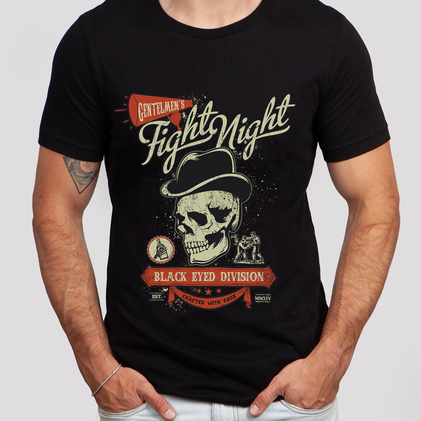 T-shirt tête de mort avec chapeau, T-shirt squelette tête de mort, T-shirt Fight Night, T-shirt moto, T-shirt motard, T-shirt rockers