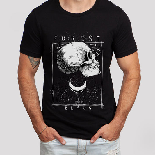 T-shirt tête de mort, T-shirt noir forêt lunaire, T-shirt forêt effrayante, T-shirt horreur, T-shirt moto, T-shirt motard, T-shirt rockers