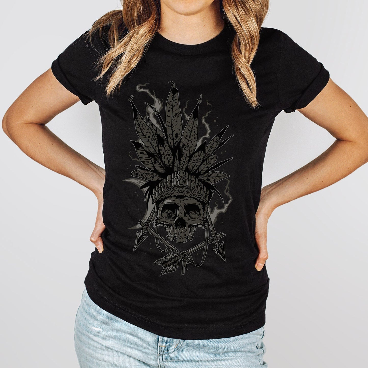 Indian T-shirt, Tribal T-shirt, Indian Feathers T-shirt, Skull T-Shirt, Mystical Gift T-shirt, Gothic T-Shirt, Fantasy and Myth T-shirt