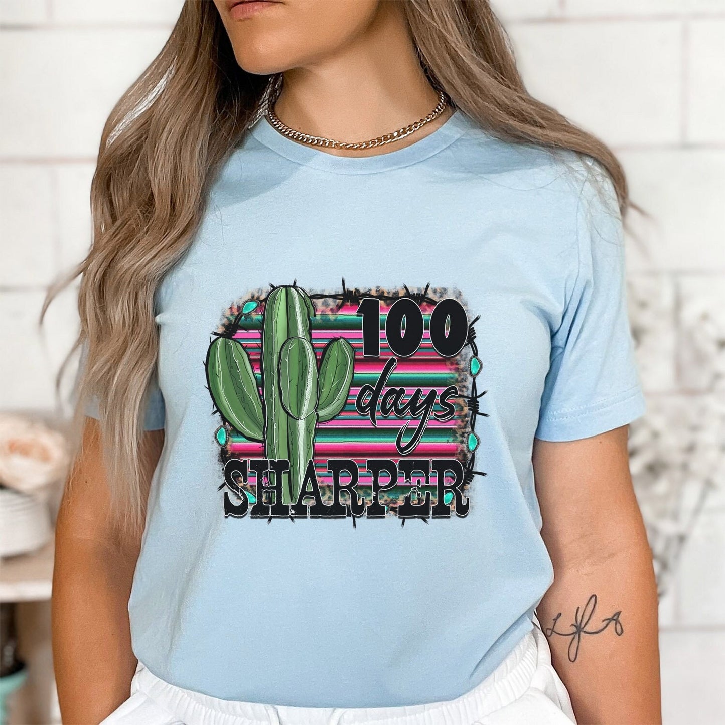 100 Days Sharper Shirt, 100 Days of School Shirts, Gift Shirt for Teachers, School Gifts, 100th Day Graphic Tees, Shirt with Cactus Western