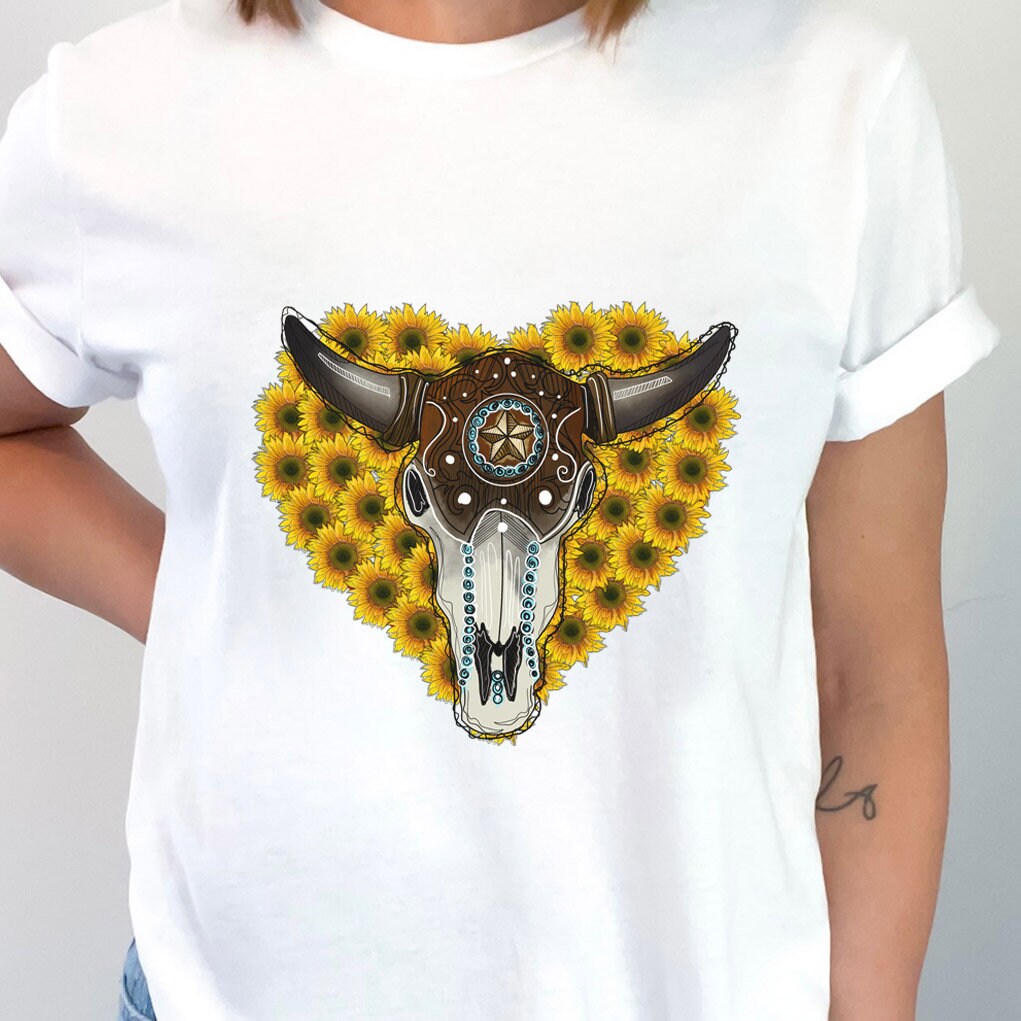 Bullhead T-shirt, Sunflower Boho T-Shirt, Western Style Shirt, Southern Shirt, Rodeo Shirt, Cowgirl Shirt, Cowboy Shirt, Country Shirt