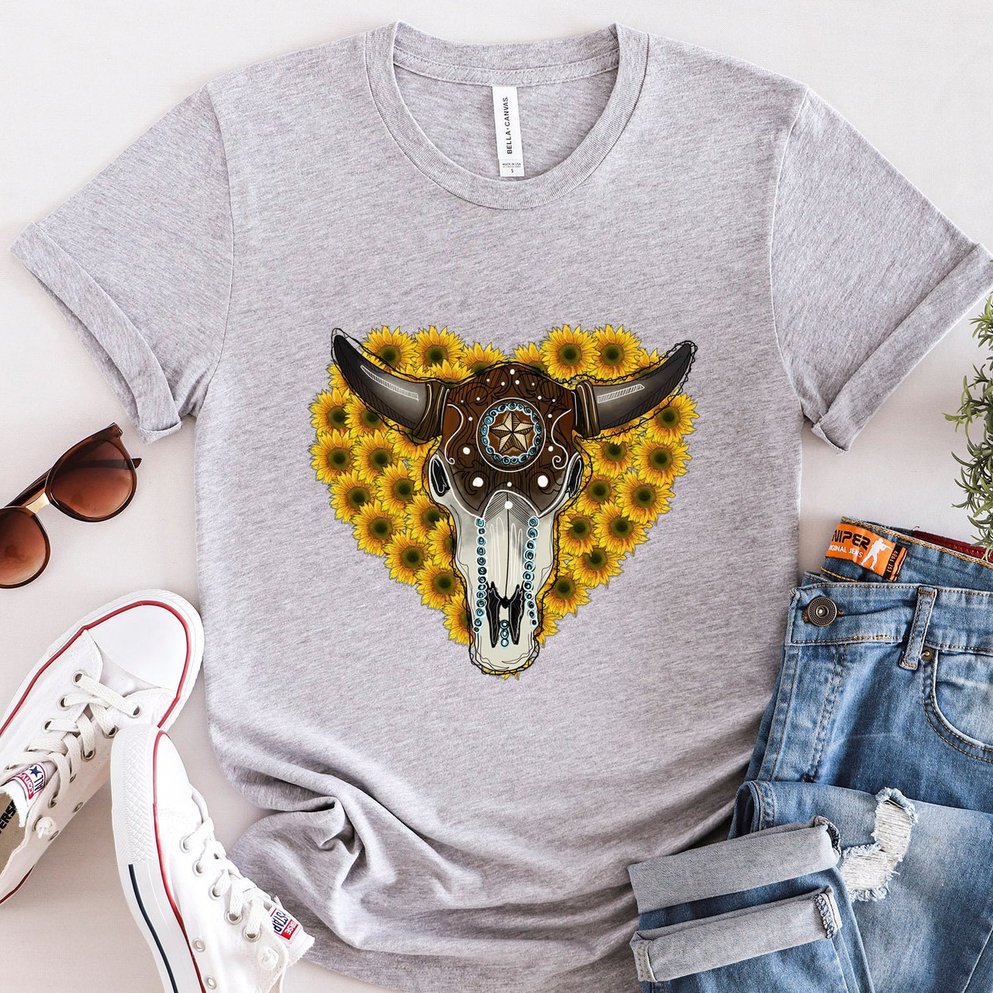 Bullhead T-shirt, Sunflower Boho T-Shirt, Western Style Shirt, Southern Shirt, Rodeo Shirt, Cowgirl Shirt, Cowboy Shirt, Country Shirt