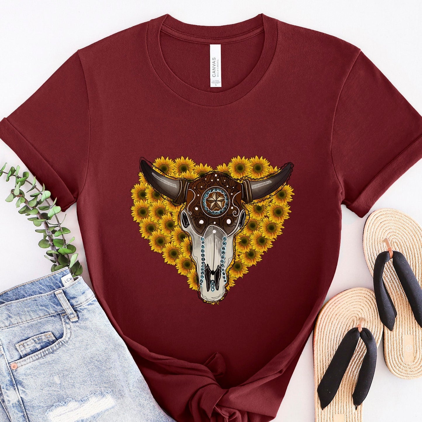 Bullhead T-shirt, Sunflower Boho T-Shirt, Western Style Shirt, Southern Shirt, Rodeo Shirt, Cowgirl Shirt, Cowboy Shirt, Country Shirt