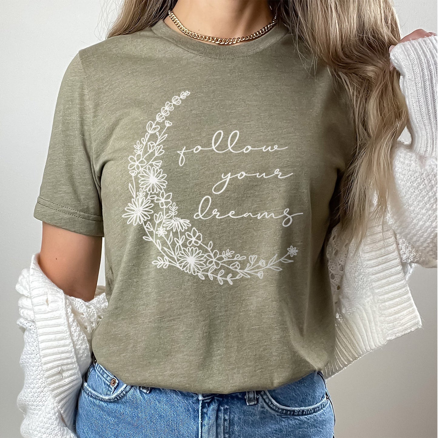 T-shirt « Follow Your Dreams Crescent Flowers », T-shirt bohème, T-shirt inspirant, T-shirt bohème, T-shirt floral, T-shirt cadeau pour elle