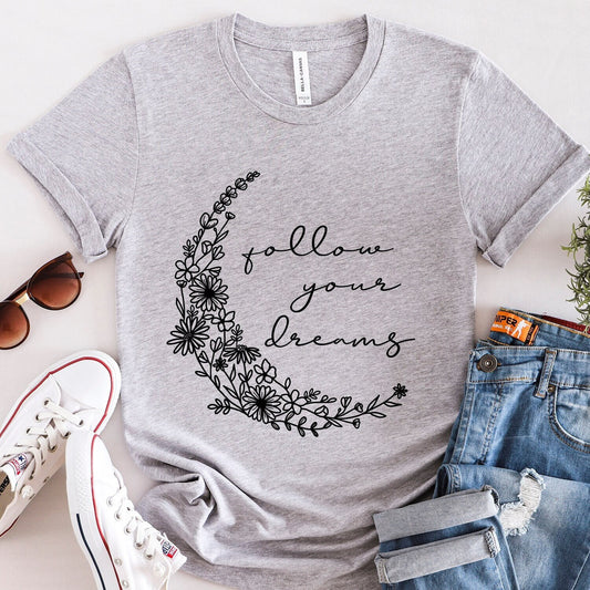 T-shirt « Follow Your Dreams Crescent Flowers », T-shirt bohème, T-shirt inspirant, T-shirt bohème, T-shirt floral, T-shirt cadeau pour elle