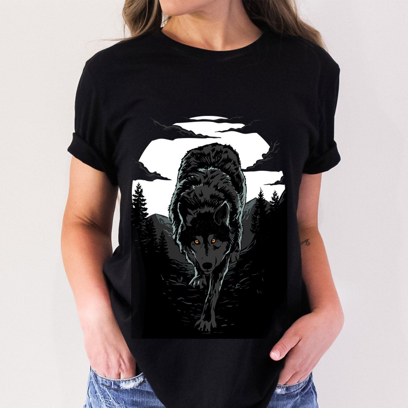 Wolf T-shirt, Tribal T-shirt, Mystical Gift T-shirt, Gothic T-Shirt, Fantasy and Myth T-shirt, Werewolf and Moon, Animal T-Shirt