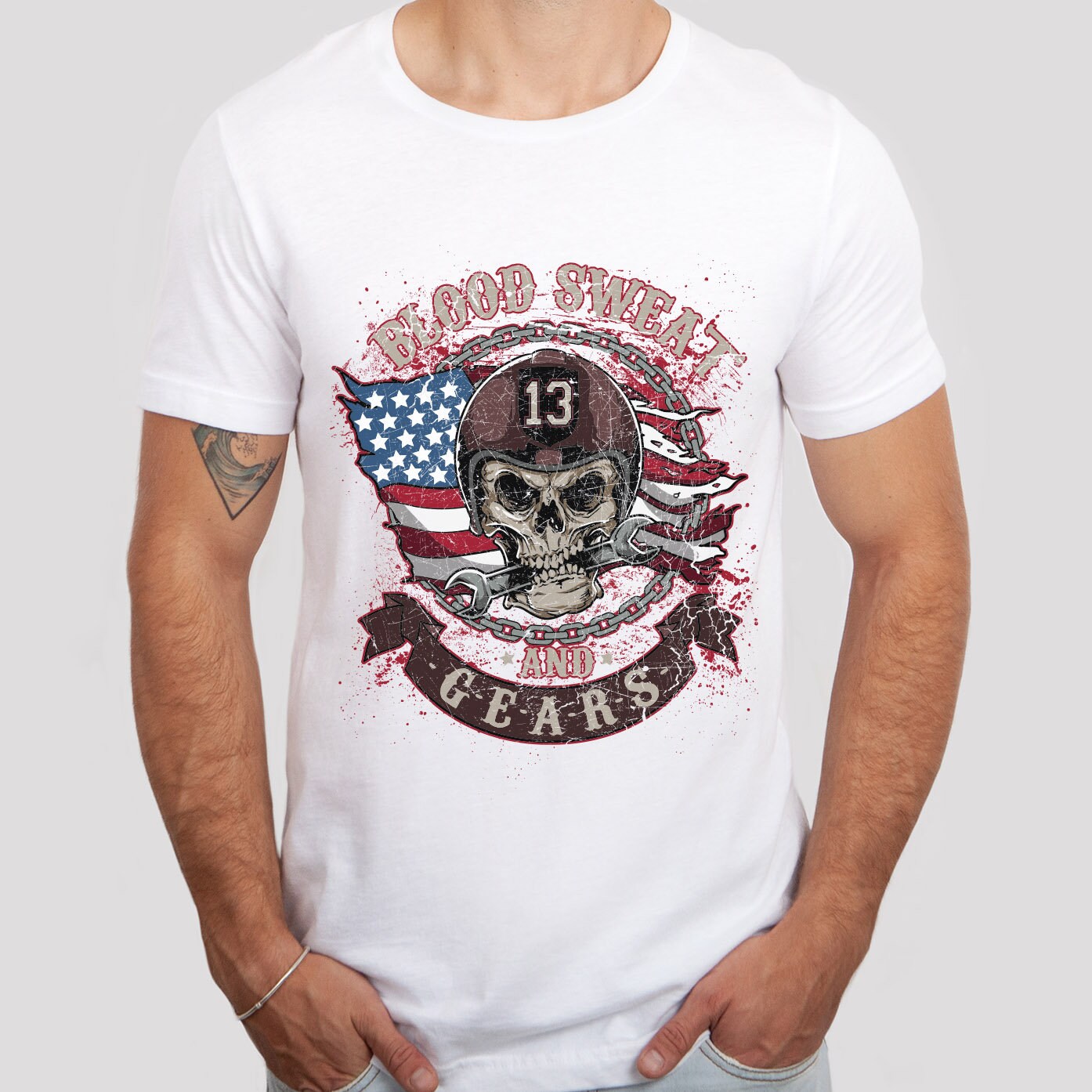 T-shirt Blood Sweat and Gear, T-shirt Skull, T-shirt moto, T-shirt motard, T-shirt pilote, cadeaux moto, cadeau pour lui