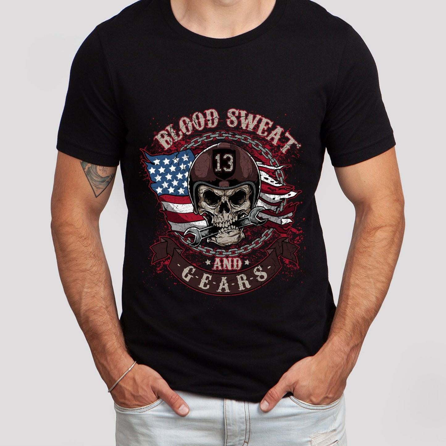 T-shirt Blood Sweat and Gear, T-shirt Skull, T-shirt moto, T-shirt motard, T-shirt pilote, cadeaux moto, cadeau pour lui