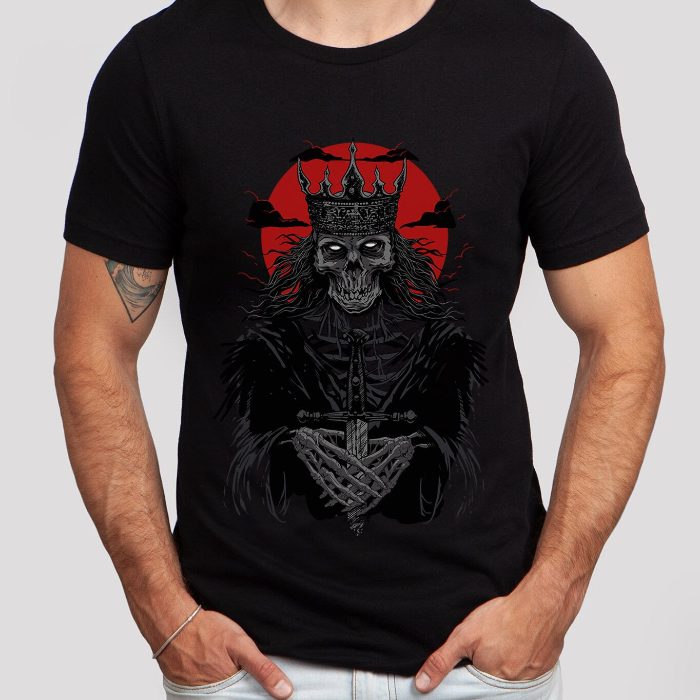 T-shirt Roi Squelette, T-shirt Horreur, T-shirt Fantaisie, T-shirt Squelette, T-shirt Cadeau Amateurs de Heavy Metal, T-shirt Gothique, Vêtements Sorcière