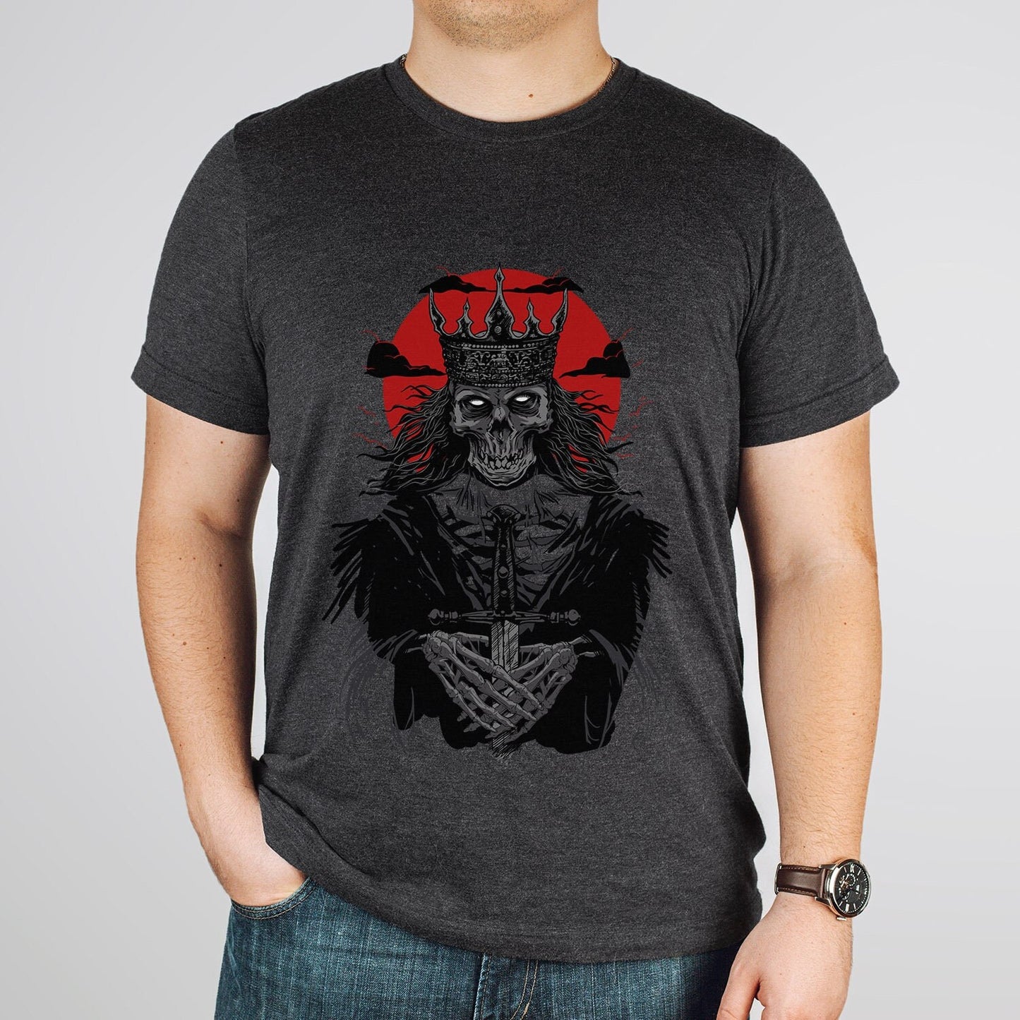 Skeleton King T-shirt, Horror T-Shirt, Fantasy T-Shirt, Skeleton T-Shirt, Heavy Metal Lovers Gift T-shirt, Gothic T-Shirt, Witchy Clothing