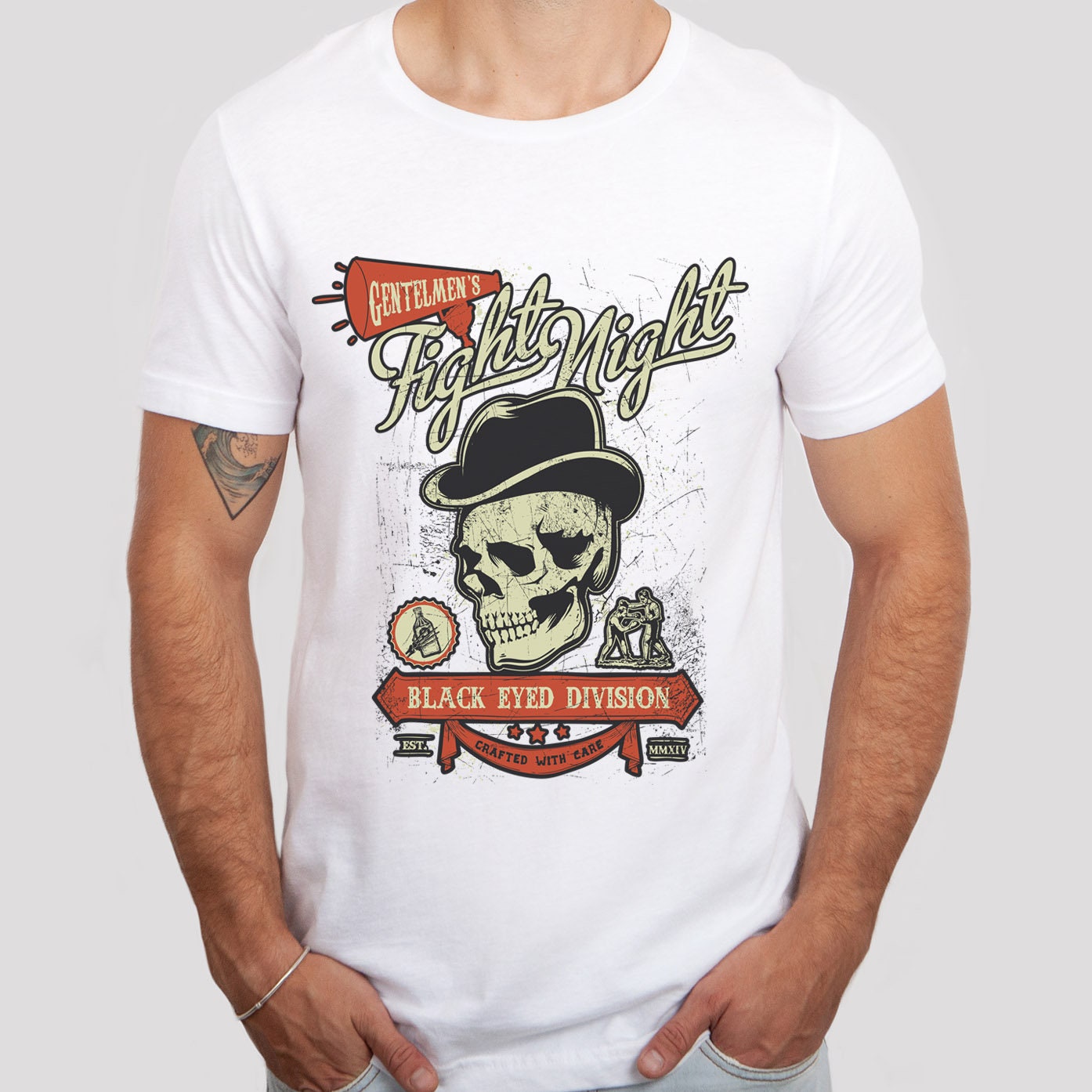 T-shirt tête de mort avec chapeau, T-shirt squelette tête de mort, T-shirt Fight Night, T-shirt moto, T-shirt motard, T-shirt rockers