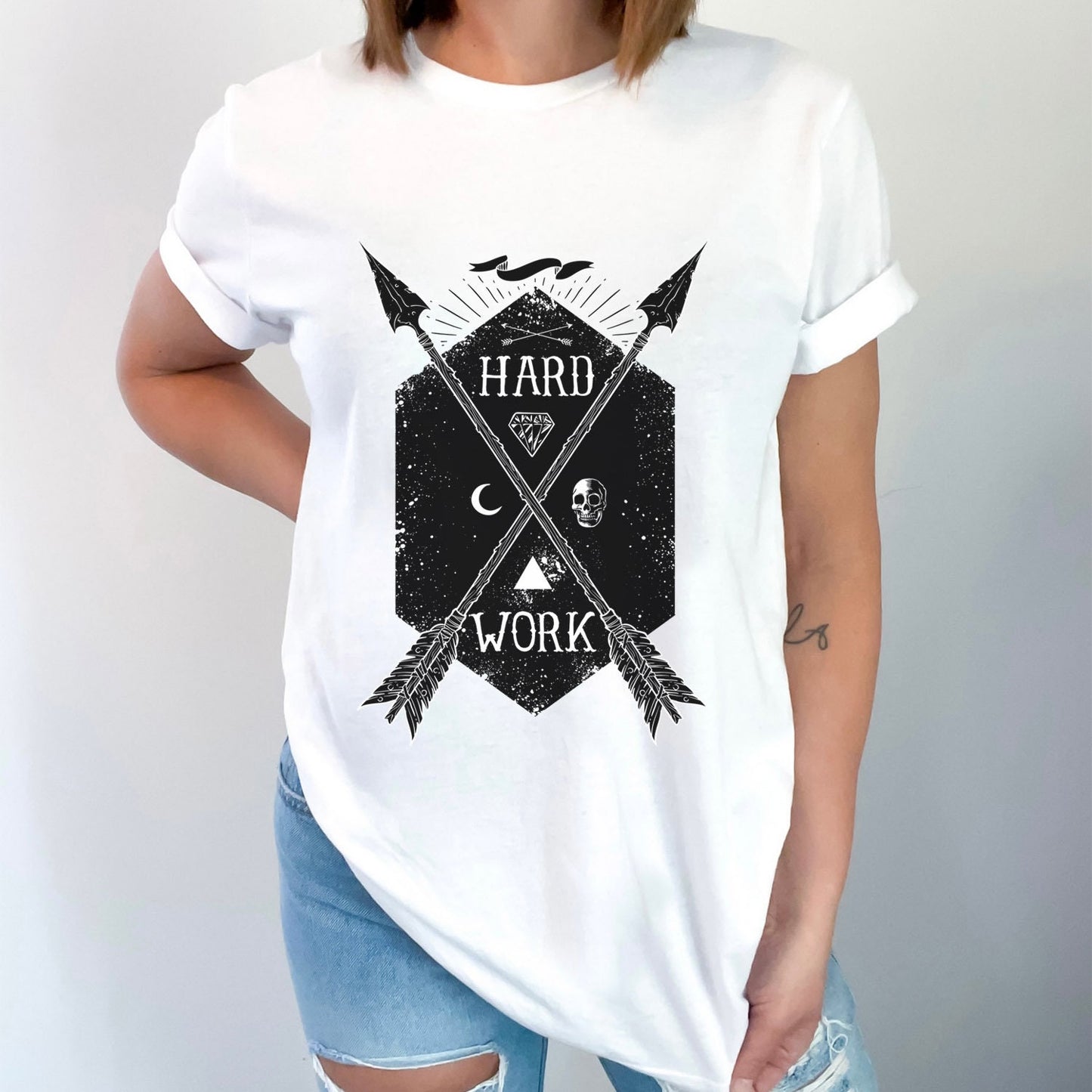 Hard Work T-shirt, Shirt with Arrows, Skull T-shirt, Mystery and Horror Shirt, Fantasy T-shirt, Celestial Moon Shirt, Cosmic Horror