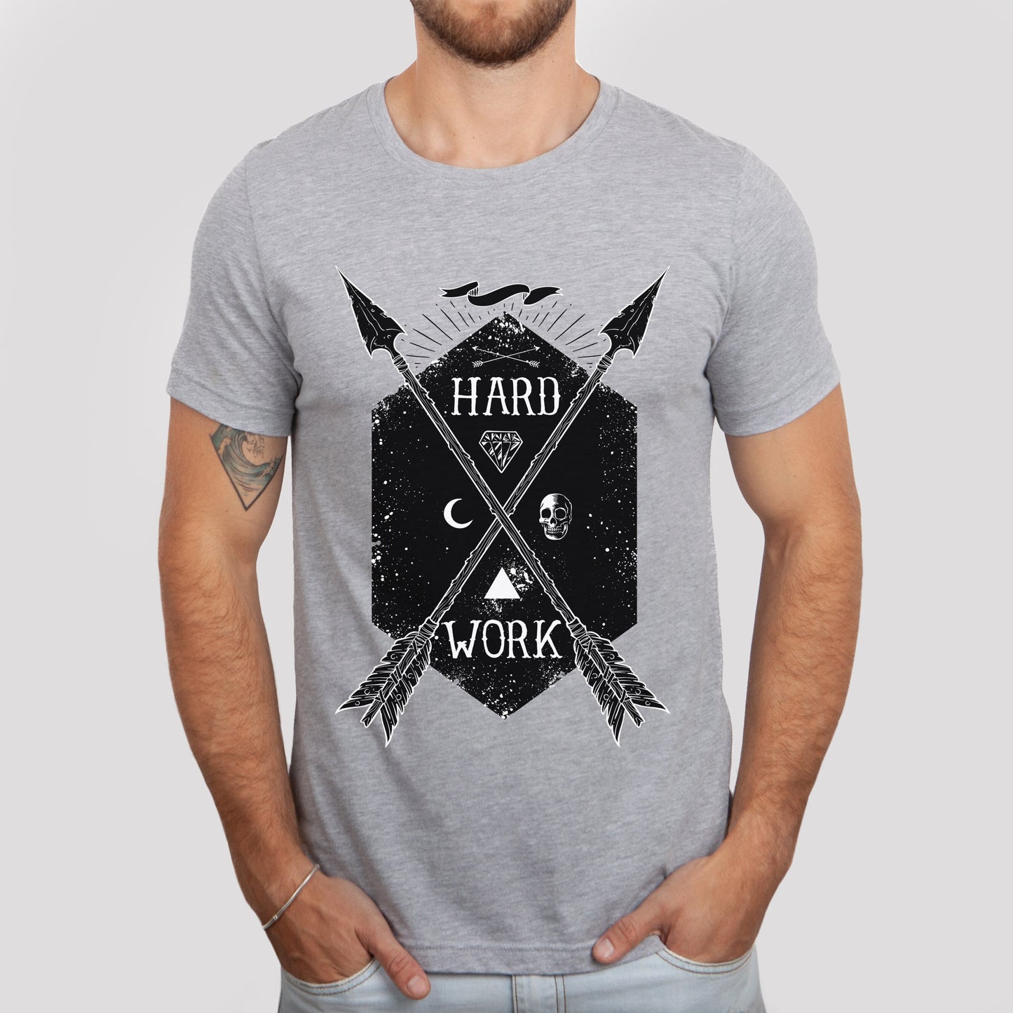 Hard Work T-shirt, Shirt with Arrows, Skull T-shirt, Mystery and Horror Shirt, Fantasy T-shirt, Celestial Moon Shirt, Cosmic Horror