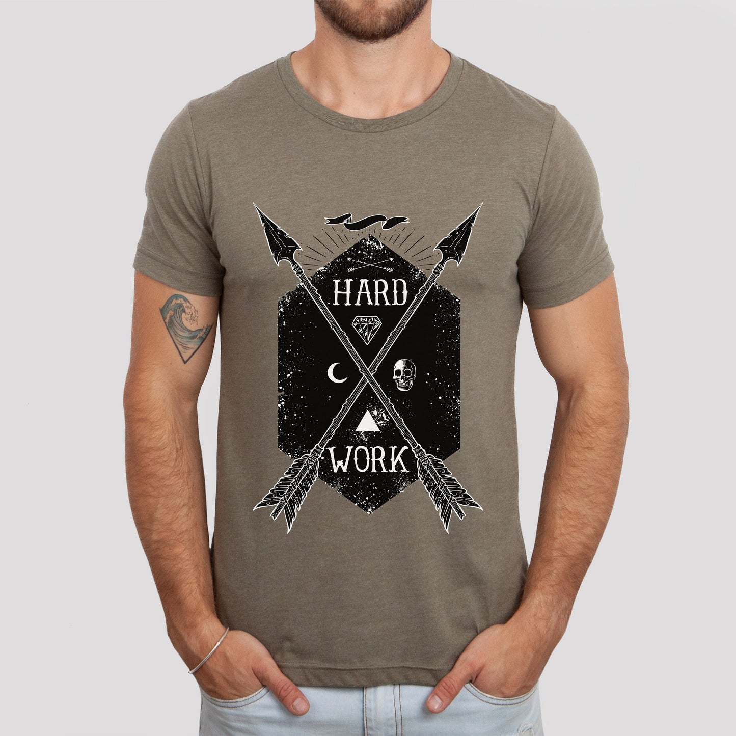 Hard Work T-shirt, Shirt with Arrows, Skull T-shirt, Mystery and Horror Shirt, Fantasy T-shirt, Celestial Moon Shirt, Cosmic Horror