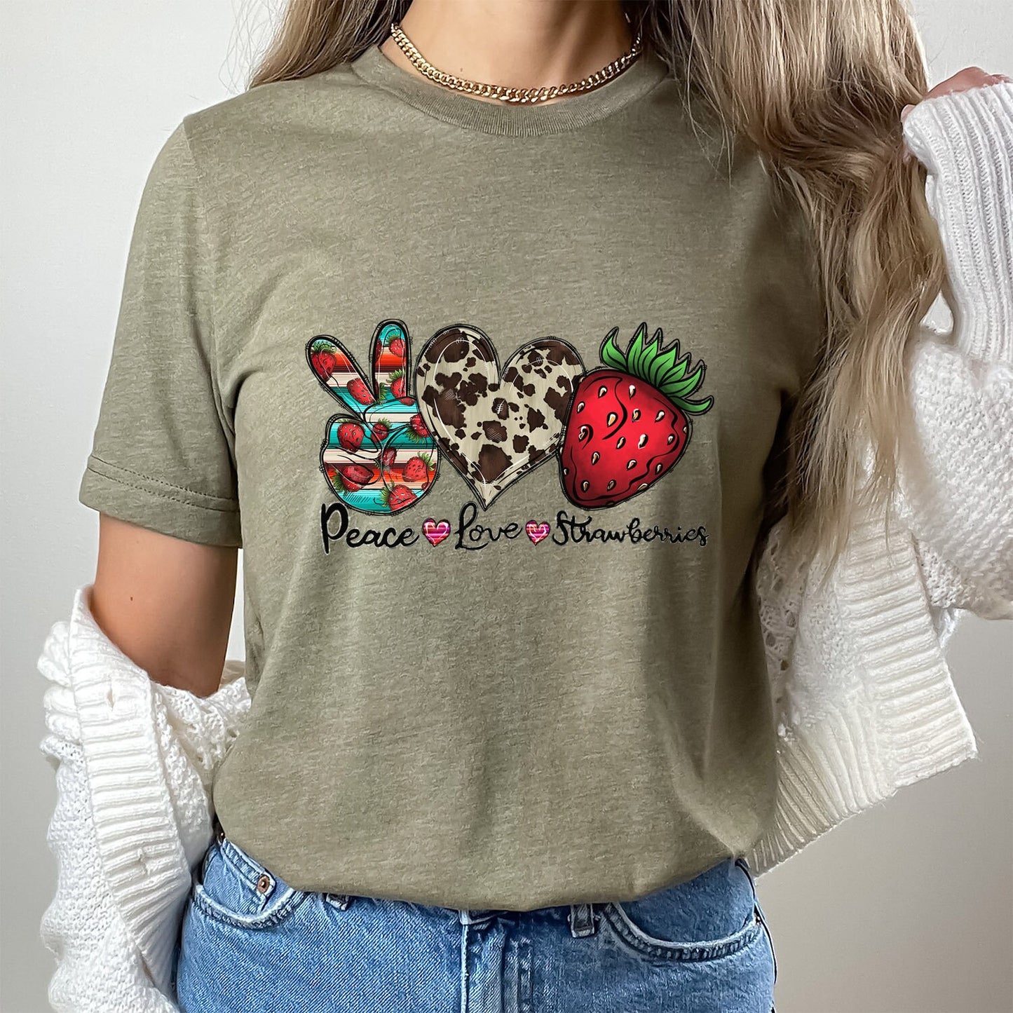 T-shirt Peace Love Strawberries, T-shirt Fraises, T-shirt Fraises, T-shirt Fraises drôle, T-shirt Nourriture végétalienne