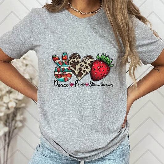 T-shirt Peace Love Strawberries, T-shirt Fraises, T-shirt Fraises, T-shirt Fraises drôle, T-shirt Nourriture végétalienne