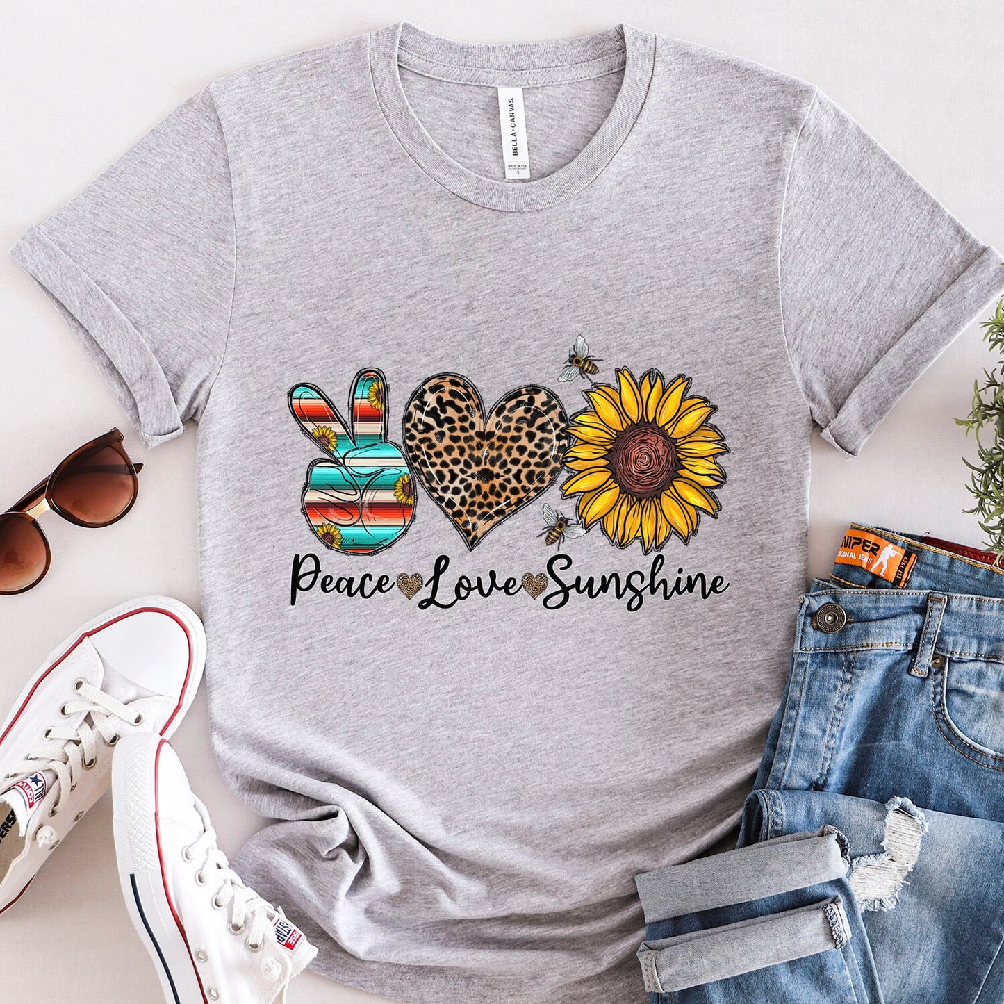 Peace Love Sunshine Shirt, Sunflowers T-Shirt, Hippie Shirt, Gift Shirt for Her, Like Heart Emoji Shirt