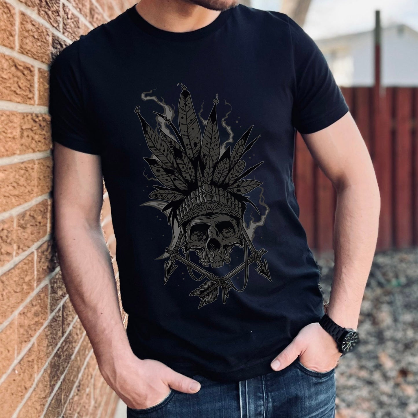 Indian T-shirt, Tribal T-shirt, Indian Feathers T-shirt, Skull T-Shirt, Mystical Gift T-shirt, Gothic T-Shirt, Fantasy and Myth T-shirt