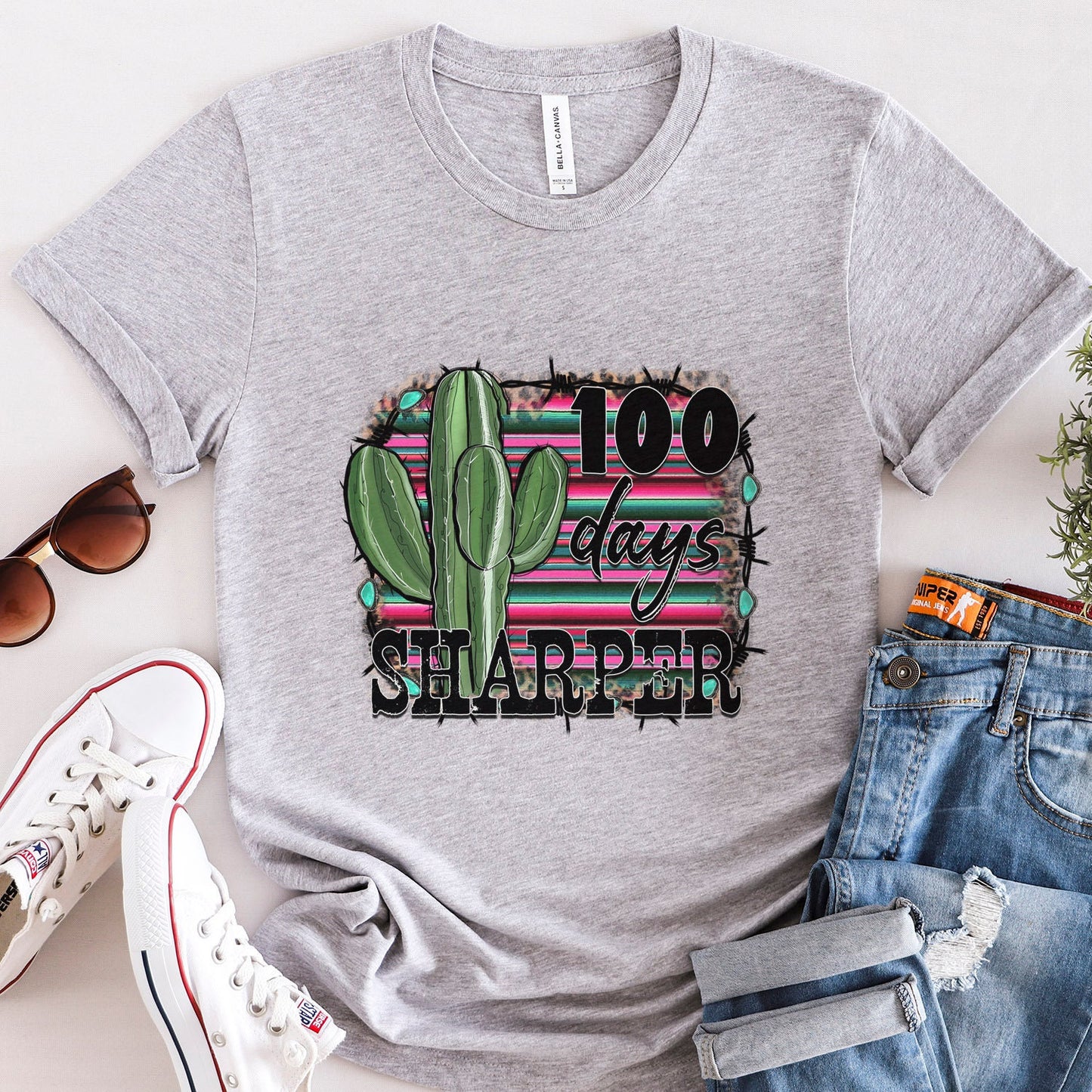 100 Days Sharper Shirt, 100 Days of School Shirts, Gift Shirt for Teachers, School Gifts, 100th Day Graphic Tees, Shirt with Cactus Western