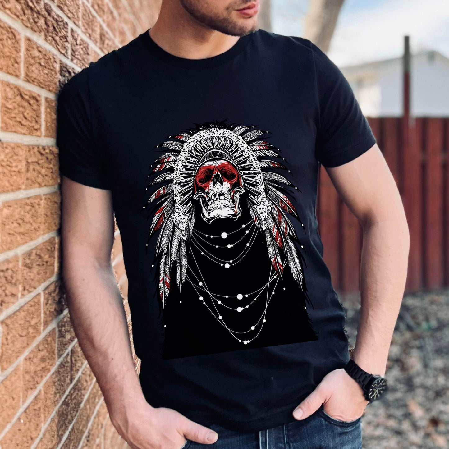 T-shirt amérindien, T-shirt indien, T-shirt tribal, T-shirt à plumes indiennes, T-shirt à tête de mort, T-shirt gothique, T-shirt fantastique et mythique, T-shirt d'horreur