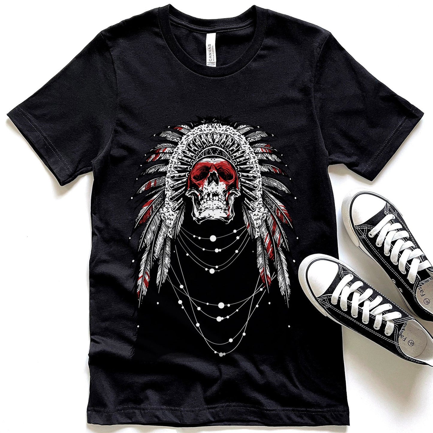 T-shirt amérindien, T-shirt indien, T-shirt tribal, T-shirt à plumes indiennes, T-shirt à tête de mort, T-shirt gothique, T-shirt fantastique et mythique, T-shirt d'horreur