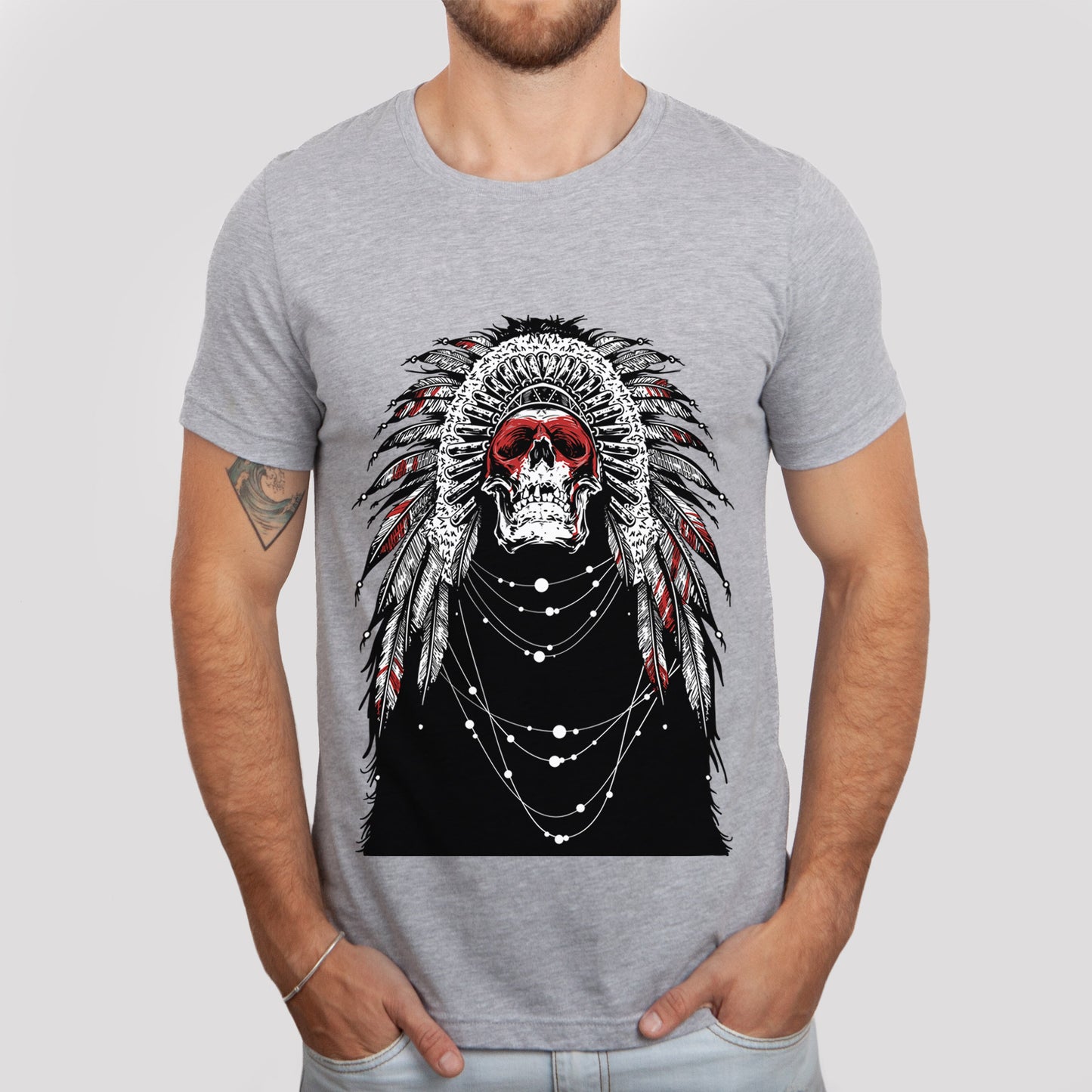 T-shirt amérindien, T-shirt indien, T-shirt tribal, T-shirt à plumes indiennes, T-shirt à tête de mort, T-shirt gothique, T-shirt fantastique et mythique, T-shirt d'horreur