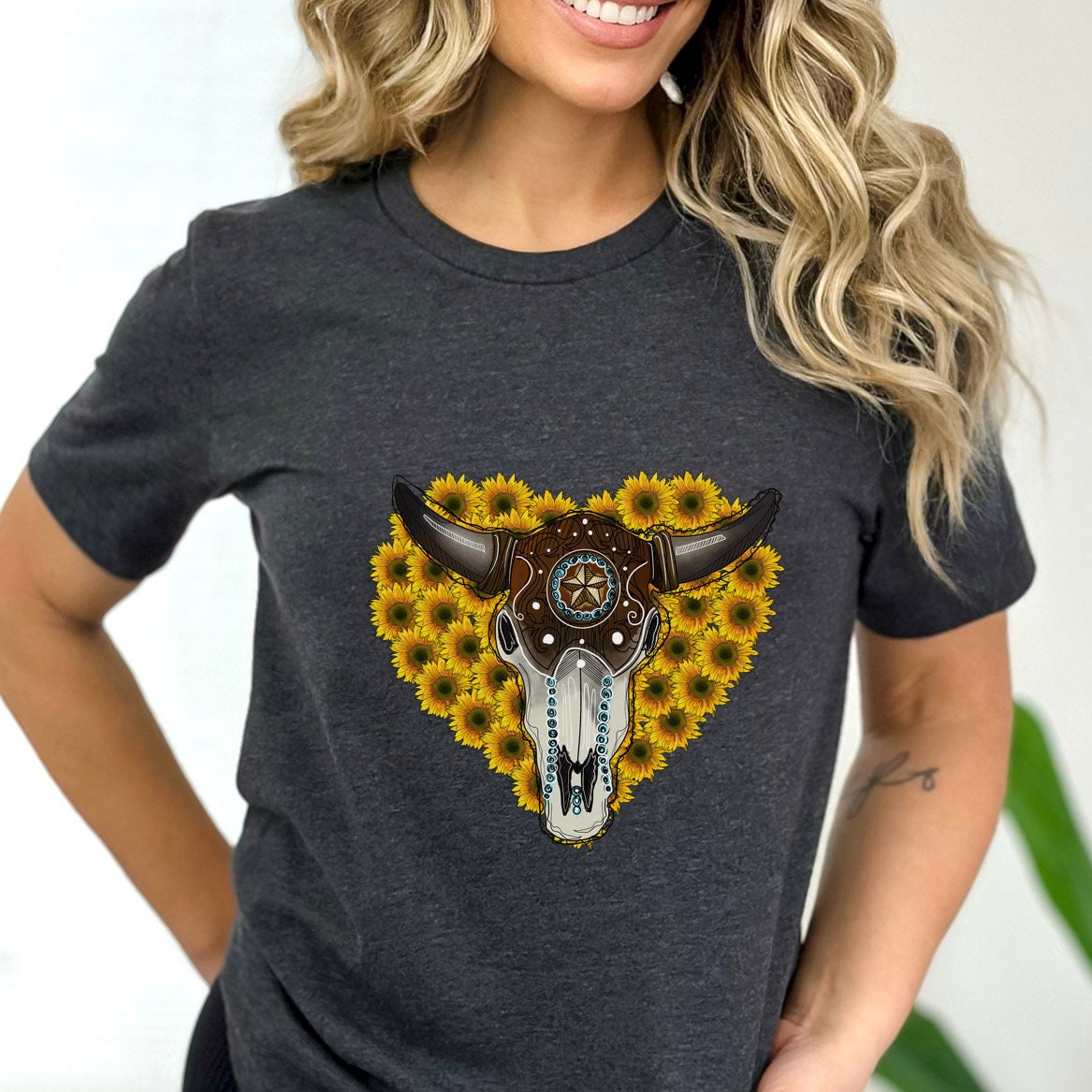 Bullhead T-shirt, Sunflower Boho T-Shirt, Western Style Shirt, Southern Shirt, Rodeo Shirt, Cowgirl Shirt, Cowboy Shirt, Country Shirt