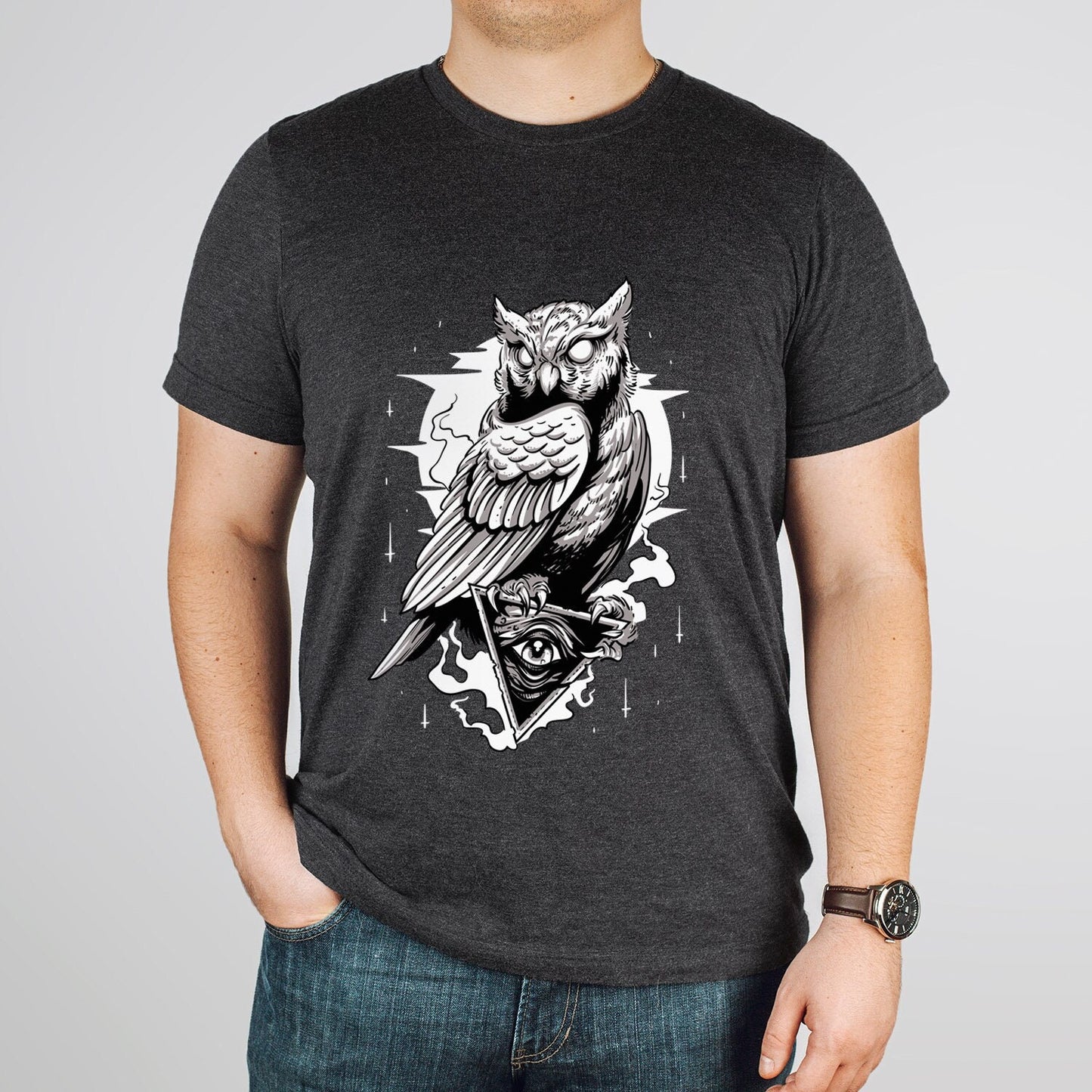 Owl T-shirt, Night T-shirt, Mystical Gift T-shirt, Scary Owl T-Shirt, Fantasy and Myth T-shirt, Owl and Moon, Animal T-Shirt