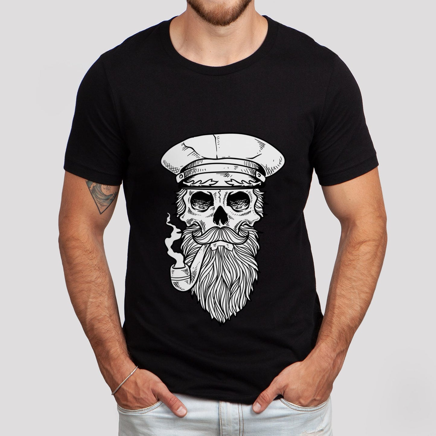 T-shirt marin, T-shirt tête de mort, T-shirt visage squelette, T-shirt voile, T-shirt tête de mort avec barbe, T-shirt tête de mort marin, T-shirt barbe