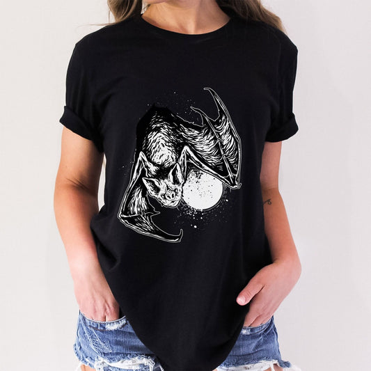 T-shirt chauve-souris, T-shirt noir, T-shirt chauve-souris, T-shirt animaux, T-shirt chauve-souris et lune effrayant, T-shirt d'horreur, cadeau pour lui, cadeau pour elle