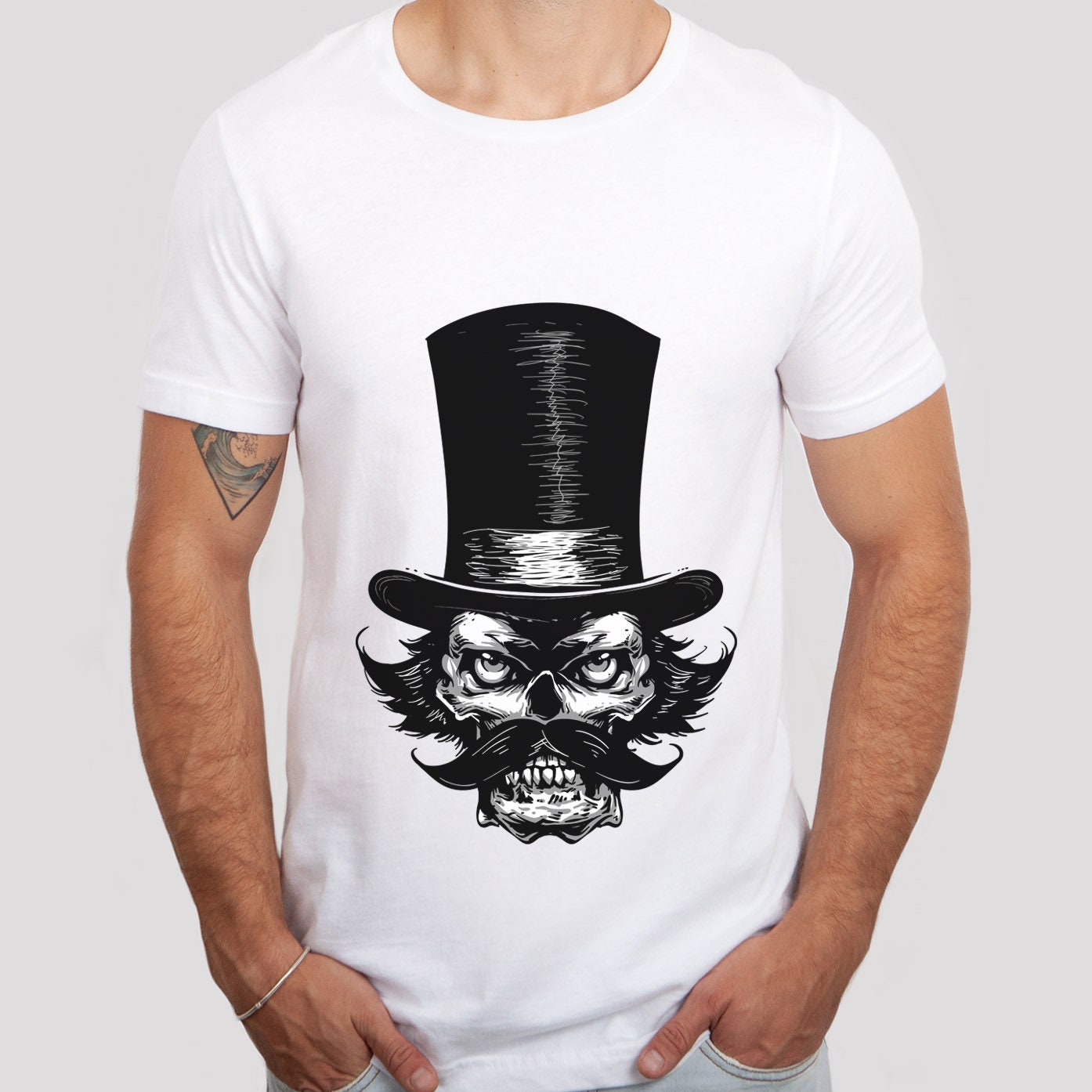 T-shirt bagarreur, T-shirt crâne avec moustache et chapeau, T-shirt crâne avec barbe, T-shirt horreur, cadeau pour lui