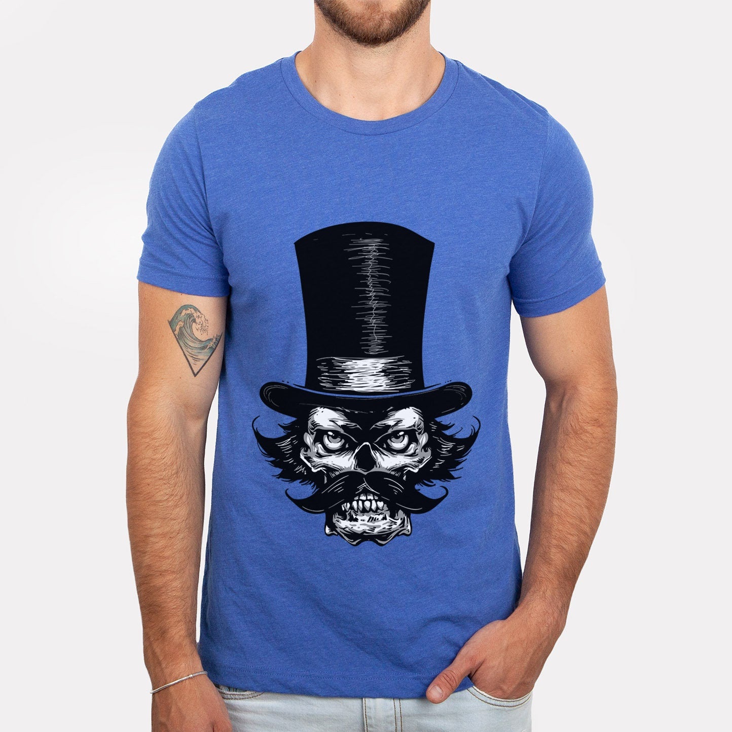 T-shirt bagarreur, T-shirt crâne avec moustache et chapeau, T-shirt crâne avec barbe, T-shirt horreur, cadeau pour lui