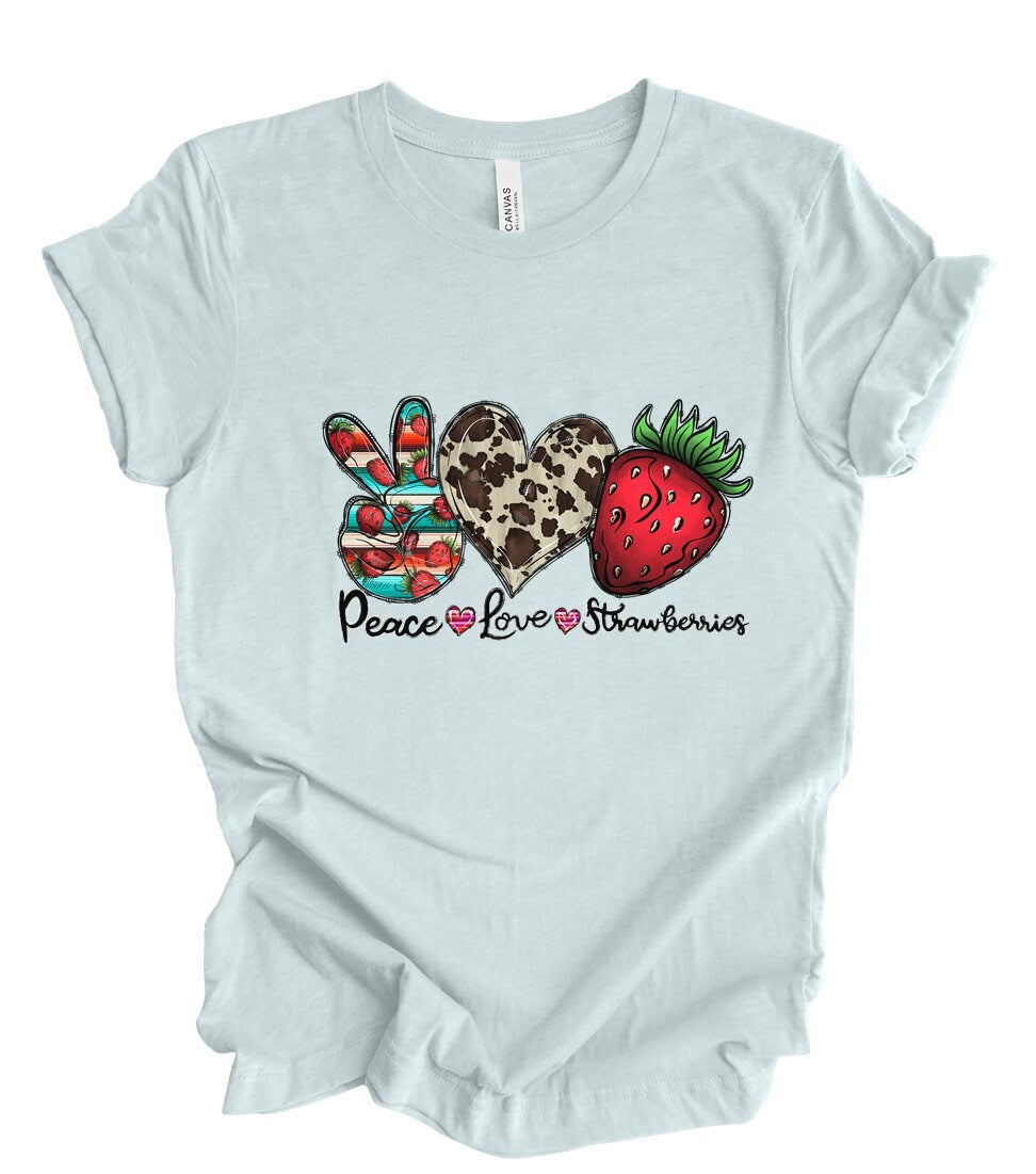 T-shirt Peace Love Strawberries, T-shirt Fraises, T-shirt Fraises, T-shirt Fraises drôle, T-shirt Nourriture végétalienne