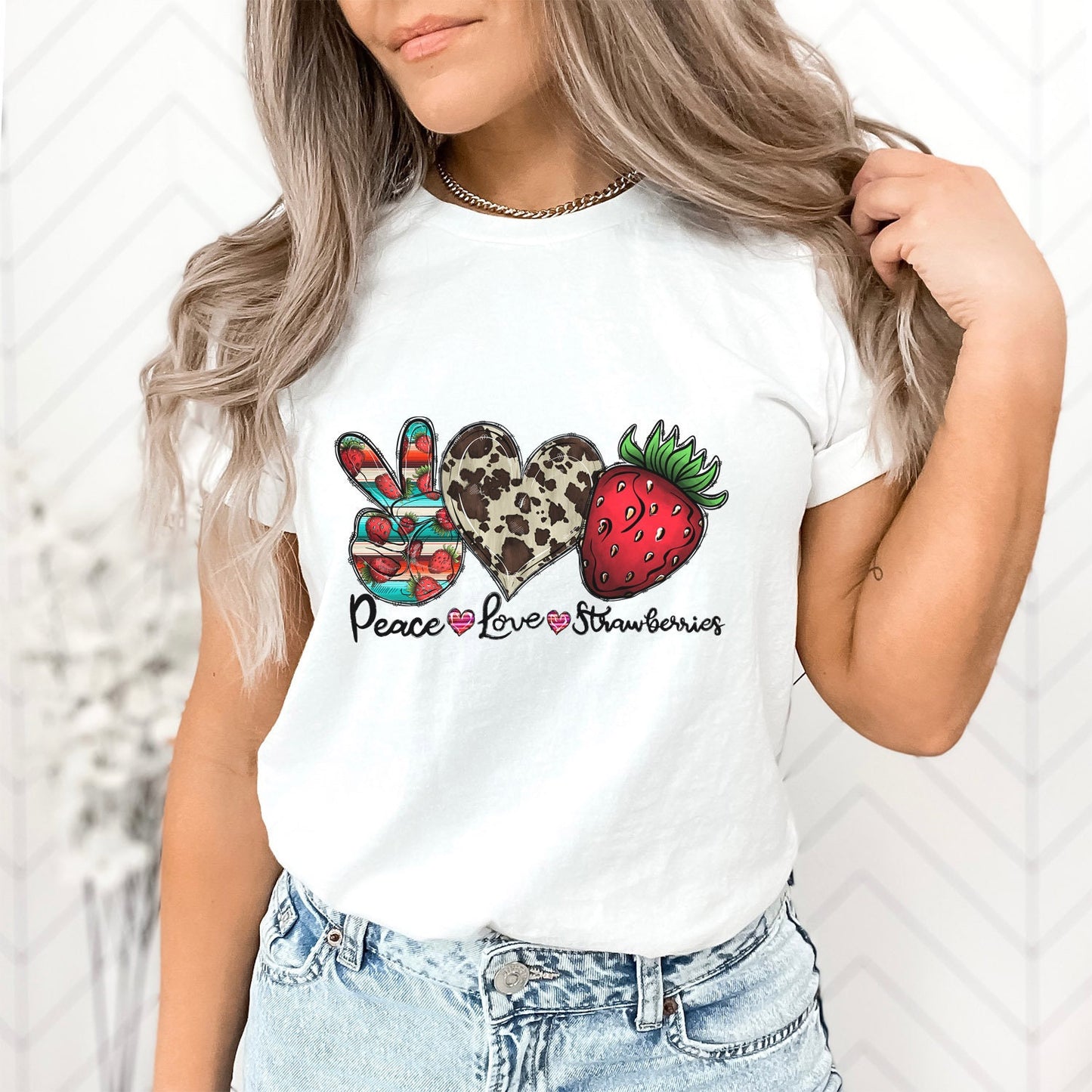 T-shirt Peace Love Strawberries, T-shirt Fraises, T-shirt Fraises, T-shirt Fraises drôle, T-shirt Nourriture végétalienne