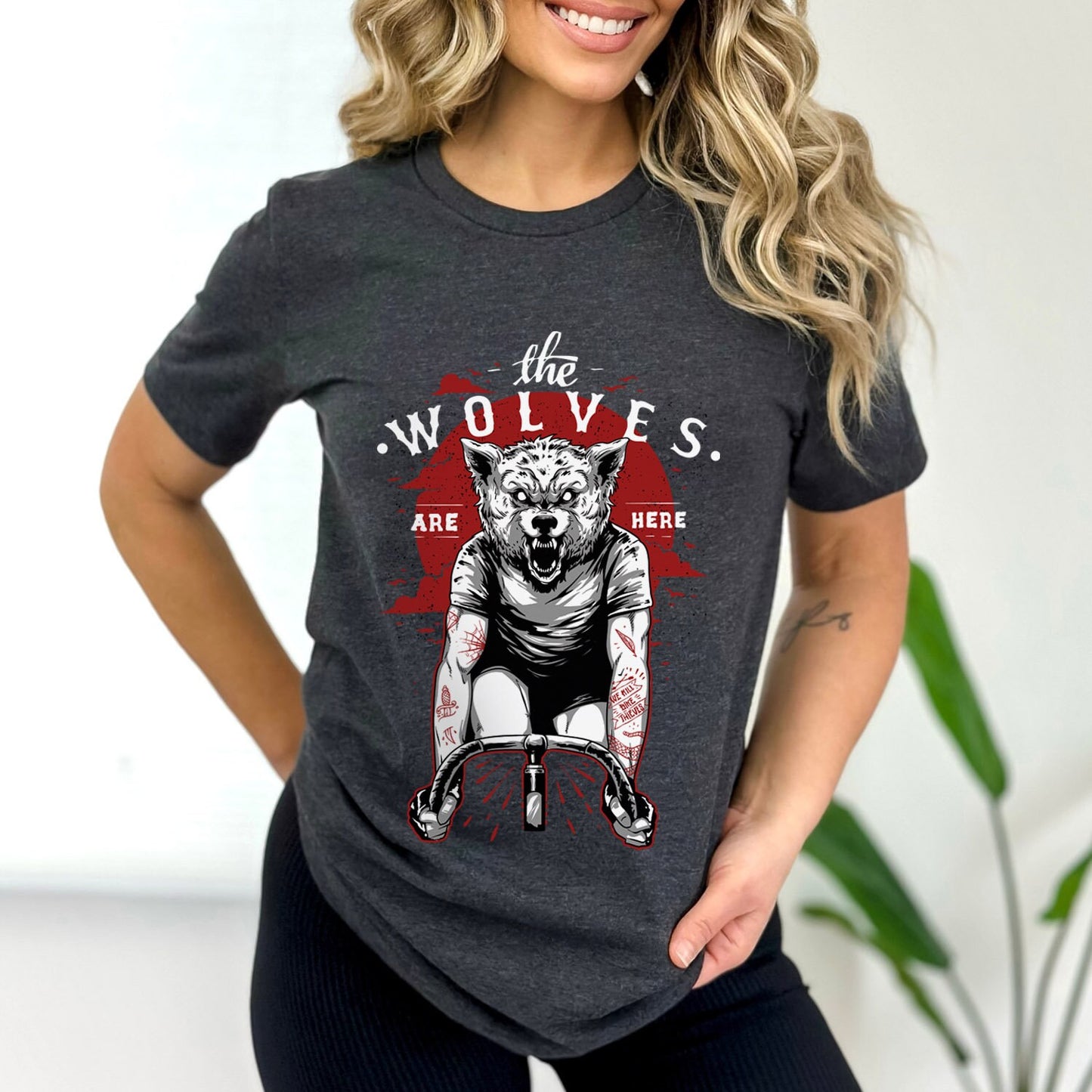 The Wolves are Here T-shirt, T-shirt with Wolf, Horror Shirt, Scary Shirt, Wolf with Tattoos Riding a Bike, Gothic Shirt