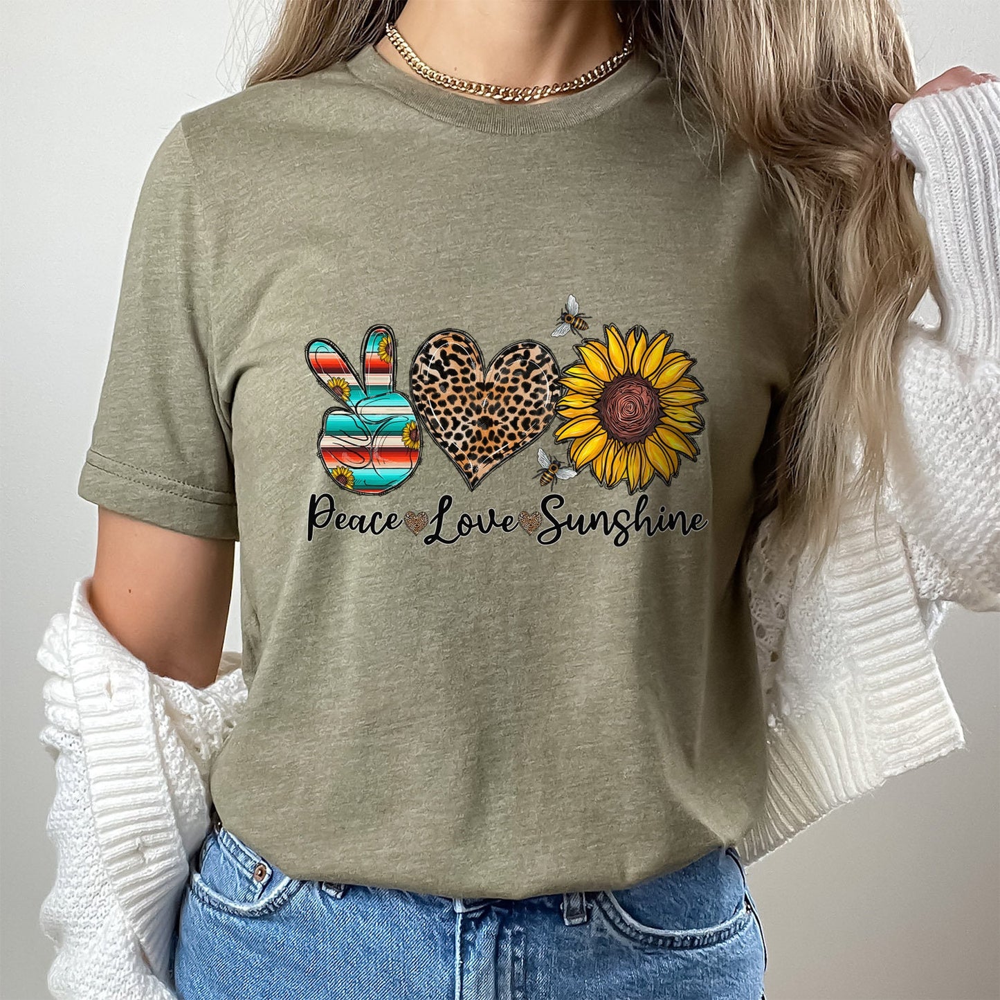 Peace Love Sunshine Shirt, Sunflowers T-Shirt, Hippie Shirt, Gift Shirt for Her, Like Heart Emoji Shirt