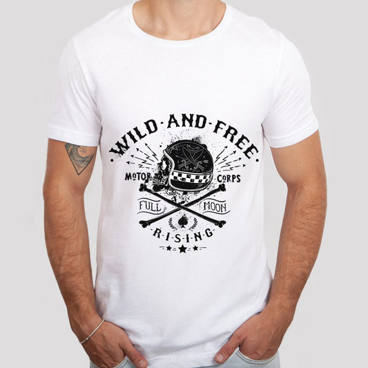 T-shirt Wild and Free, T-shirt avec squelette, T-shirt moto, T-shirt motards, T-shirt motards, crâne et feu, cadeaux moto