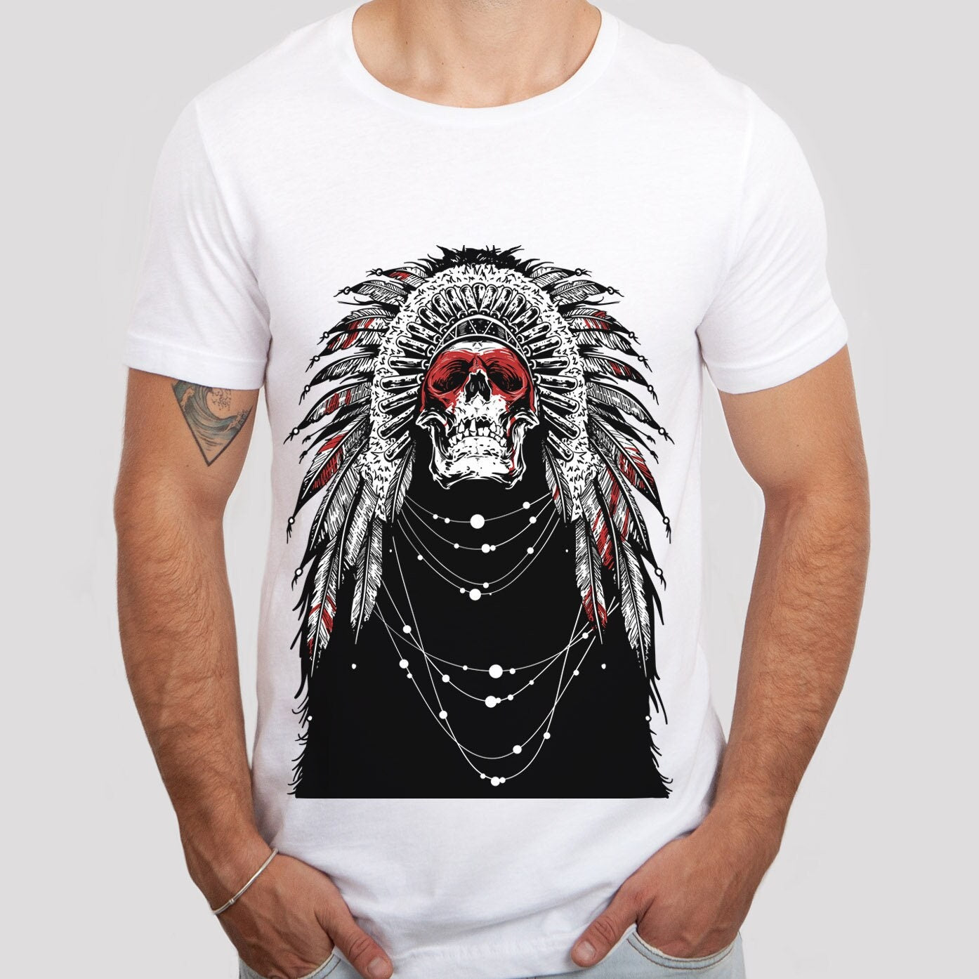 T-shirt amérindien, T-shirt indien, T-shirt tribal, T-shirt à plumes indiennes, T-shirt à tête de mort, T-shirt gothique, T-shirt fantastique et mythique, T-shirt d'horreur