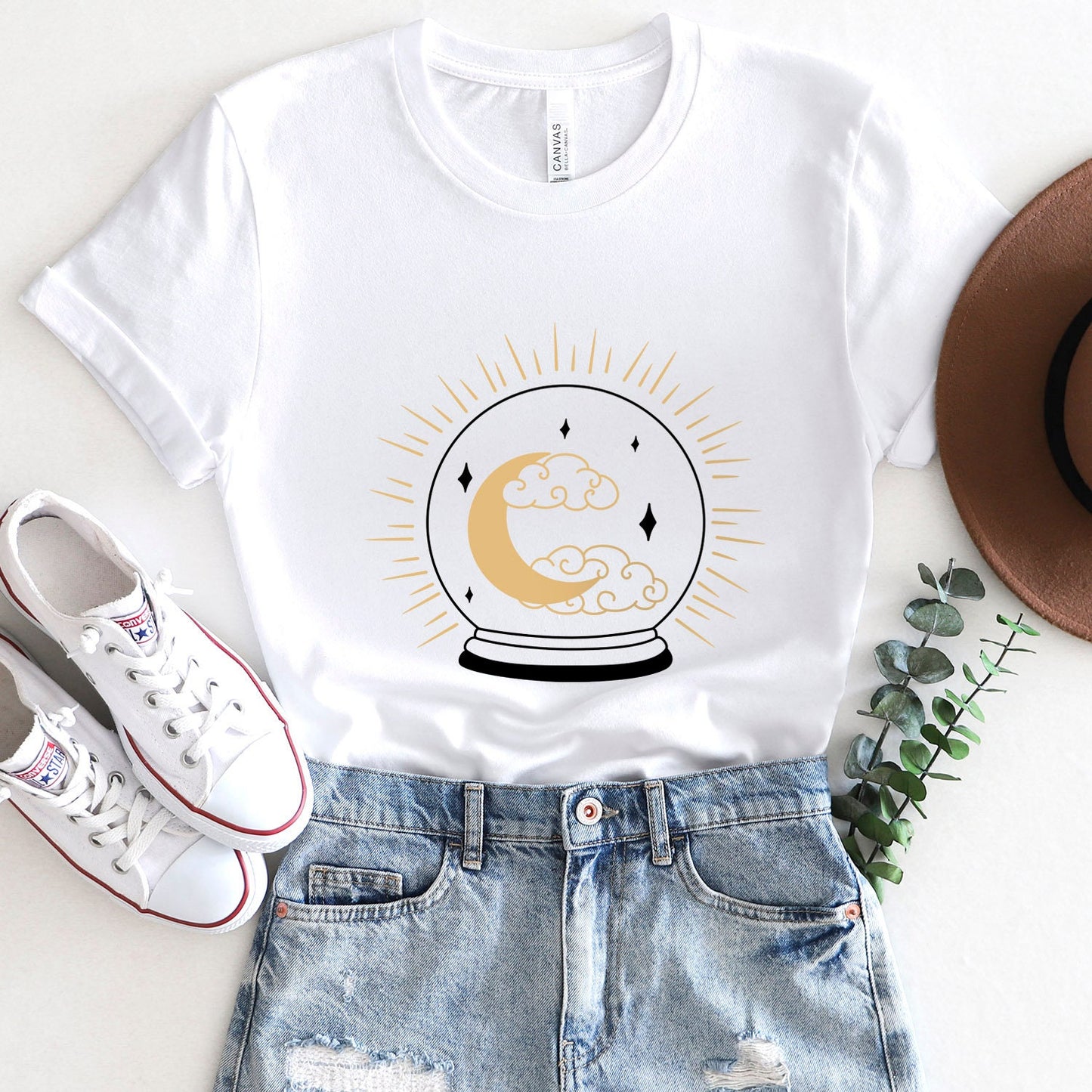 Celestial Crystal Ball T-shirt, Boho T-shirt, Inspirational T-shirt, Bohemian T-shirt, Moon and Stars T-Shirt, Gift Travel Shirt