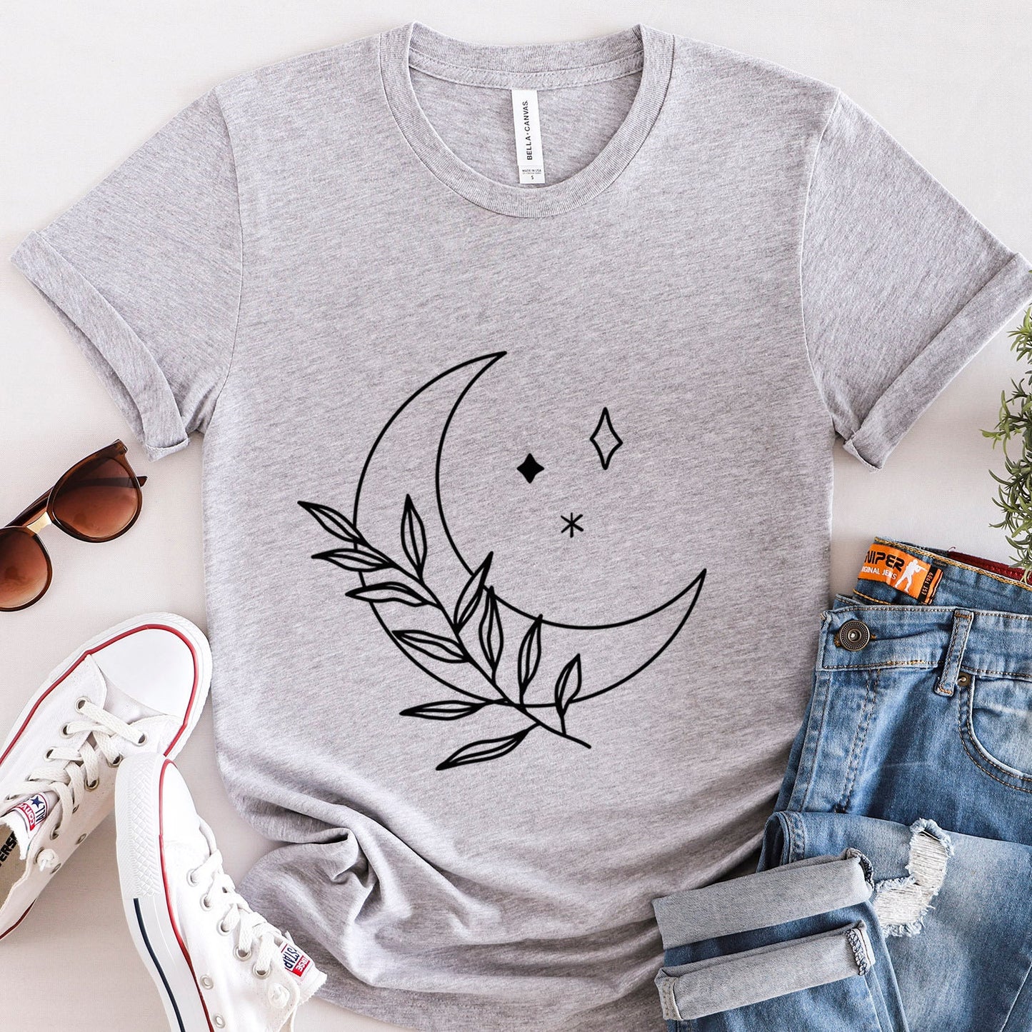 T-shirt branche de lune, chemise mystique, t-shirt mystique, t-shirt bohème, t-shirt bohème, t-shirt lune et étoiles, cadeau pour elle