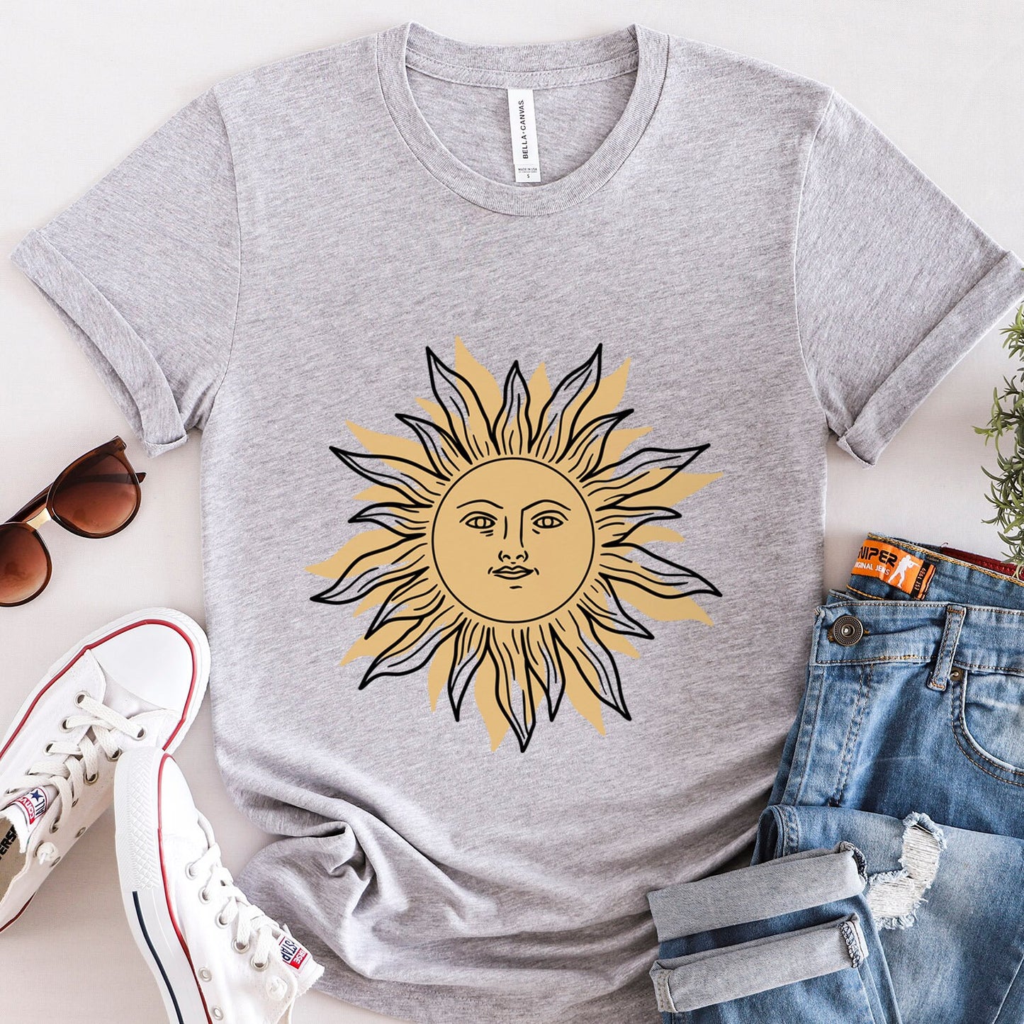 Sun Face T-shirt, Mystical Shirt, Boho T-shirt, Solar T-shirt, Moon and Stars T-Shirt, Bohemian T-shirt, Astrologic Shirt, Gift for Her