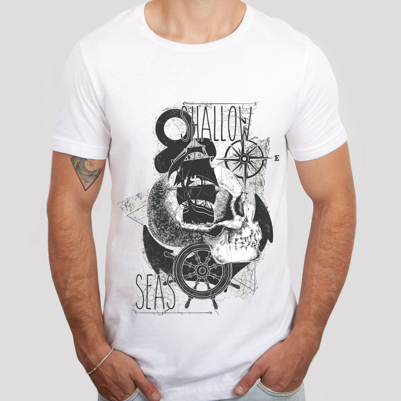 T-shirt mers peu profondes, T-shirt mer, T-shirt nautique, T-shirt tête de mort, T-shirt avec boussole, T-shirt mer, T-shirt voyage, T-shirt plein air