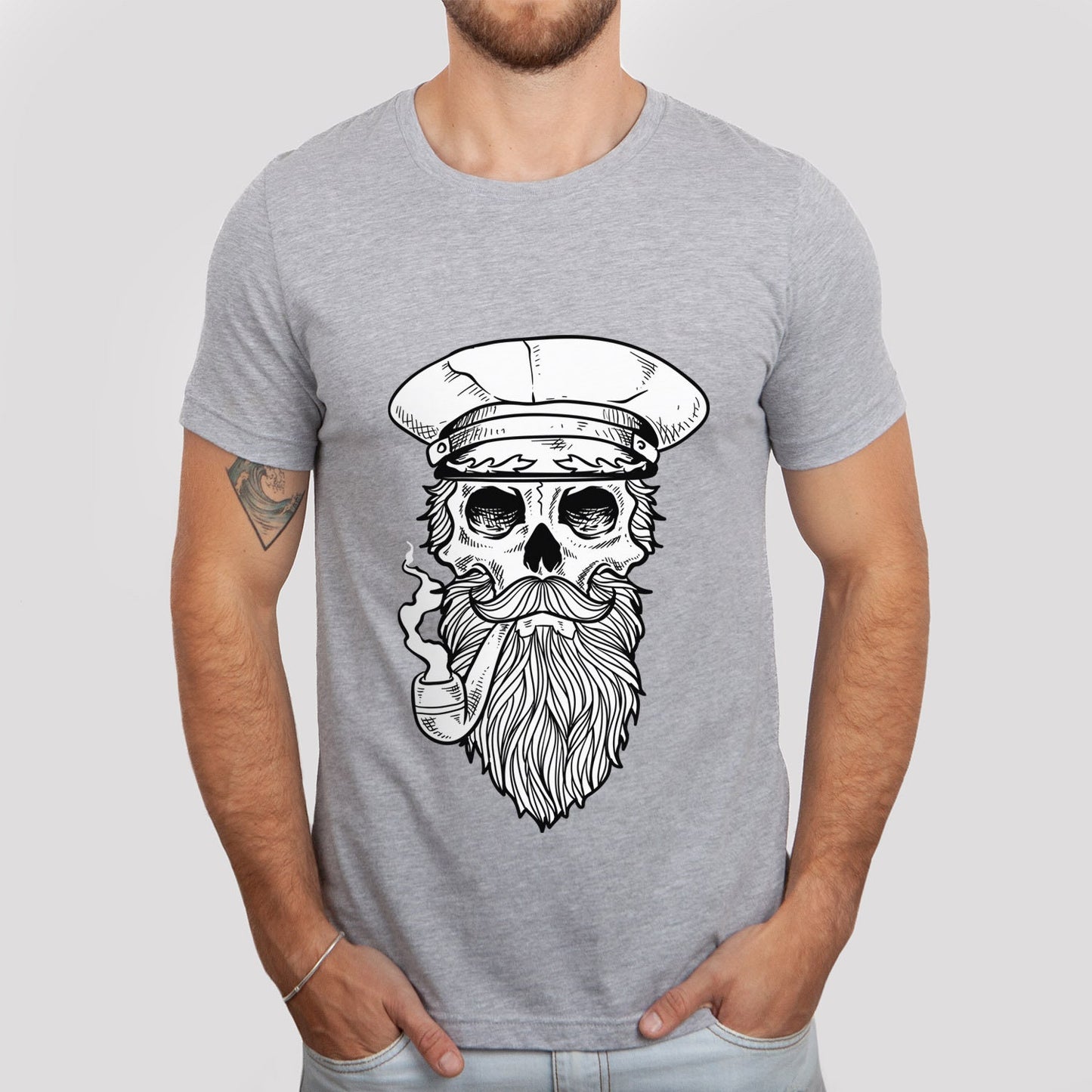 T-shirt marin, T-shirt tête de mort, T-shirt visage squelette, T-shirt voile, T-shirt tête de mort avec barbe, T-shirt tête de mort marin, T-shirt barbe