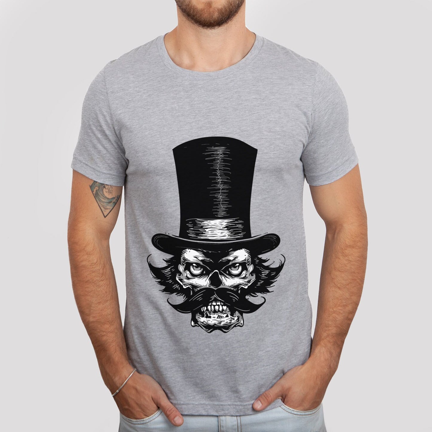 T-shirt bagarreur, T-shirt crâne avec moustache et chapeau, T-shirt crâne avec barbe, T-shirt horreur, cadeau pour lui