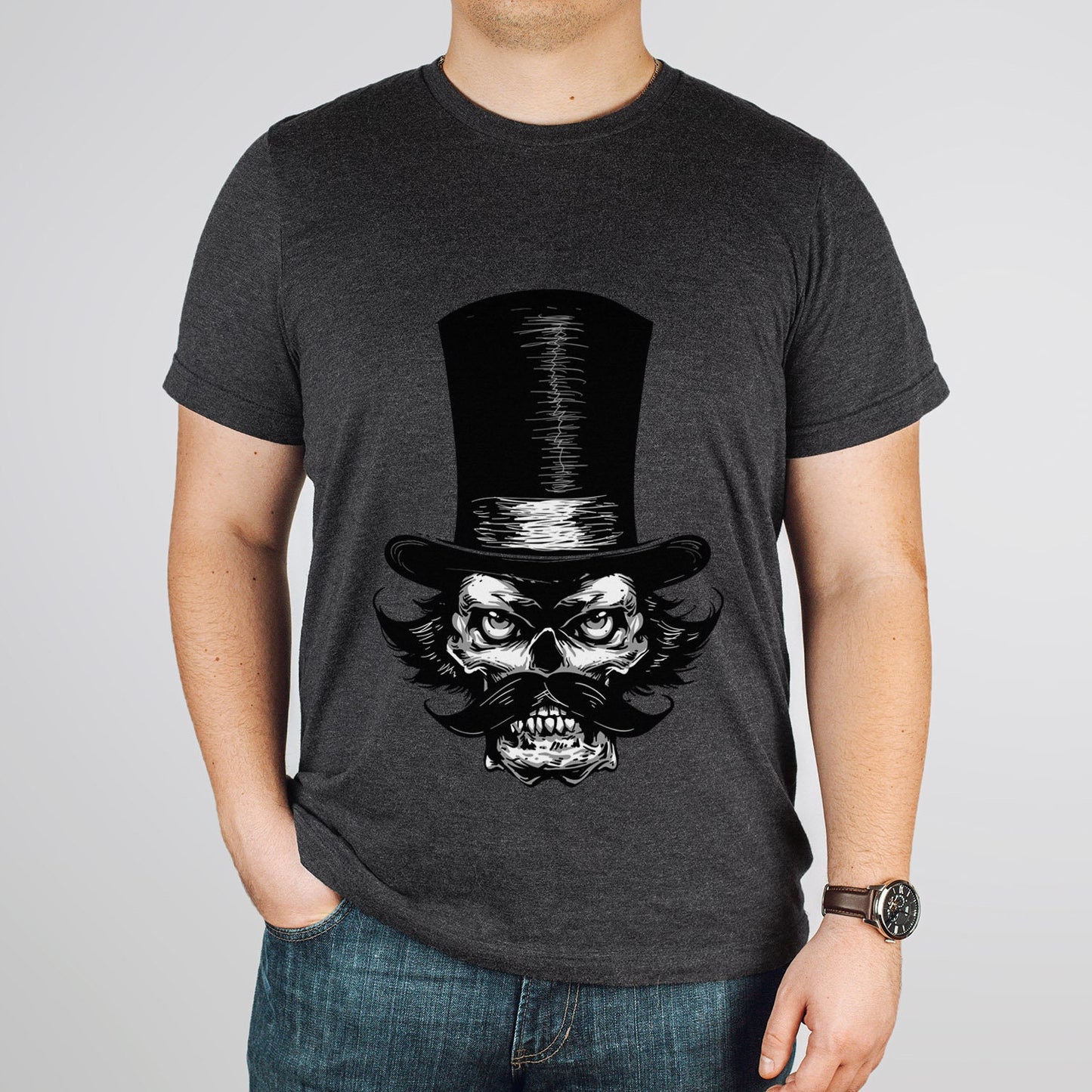 T-shirt bagarreur, T-shirt crâne avec moustache et chapeau, T-shirt crâne avec barbe, T-shirt horreur, cadeau pour lui