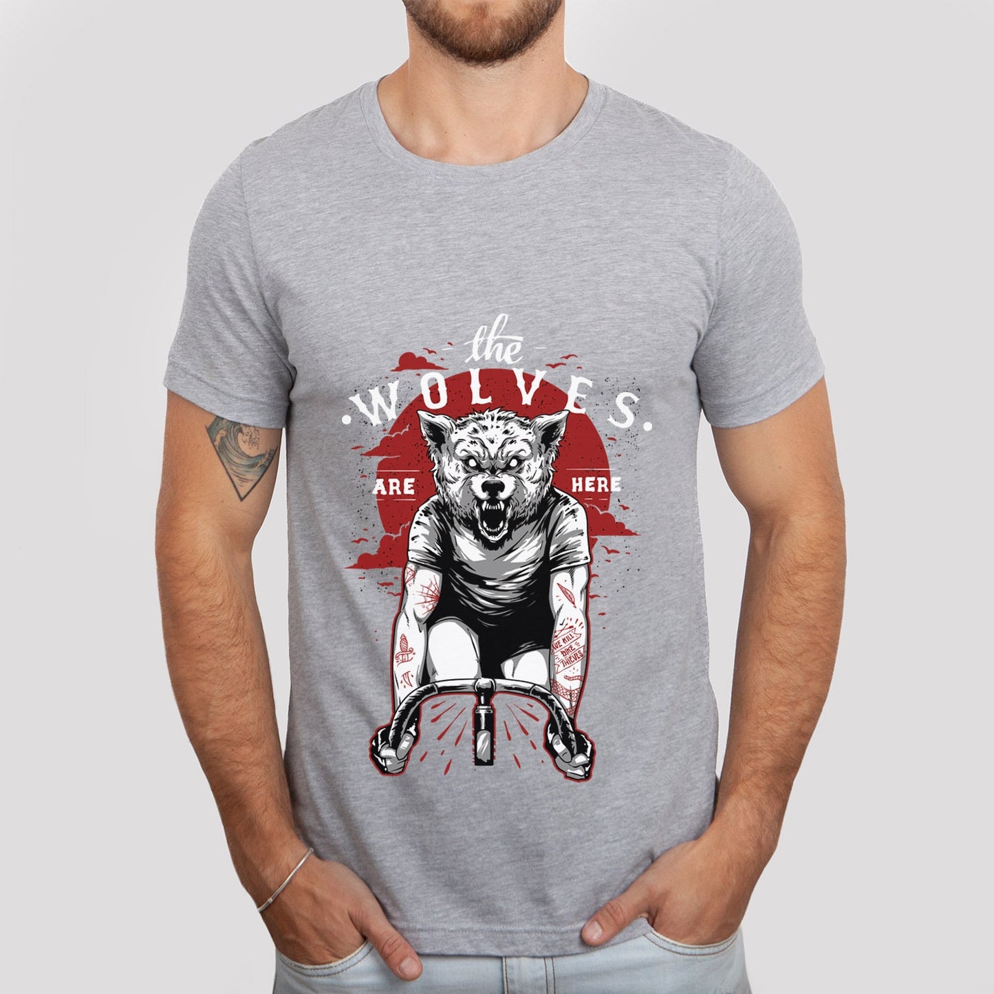 The Wolves are Here T-shirt, T-shirt with Wolf, Horror Shirt, Scary Shirt, Wolf with Tattoos Riding a Bike, Gothic Shirt