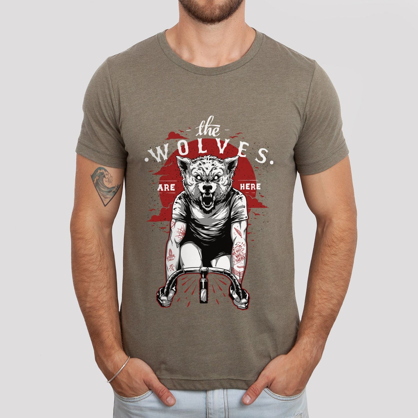 The Wolves are Here T-shirt, T-shirt with Wolf, Horror Shirt, Scary Shirt, Wolf with Tattoos Riding a Bike, Gothic Shirt