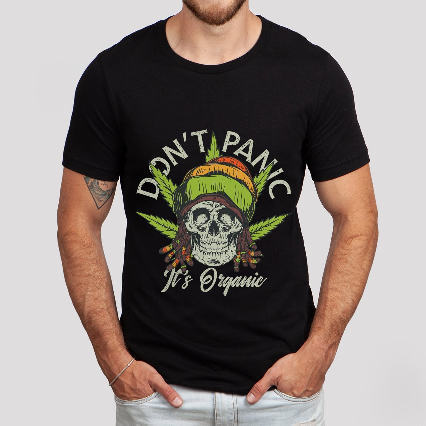 Smoking Skull Shirt, Funny Weed T-shirt, Don't Panic It's Organic Shirt, Humor Shirt, Rasta Man Shirt, Gift for Him, Gift for Her